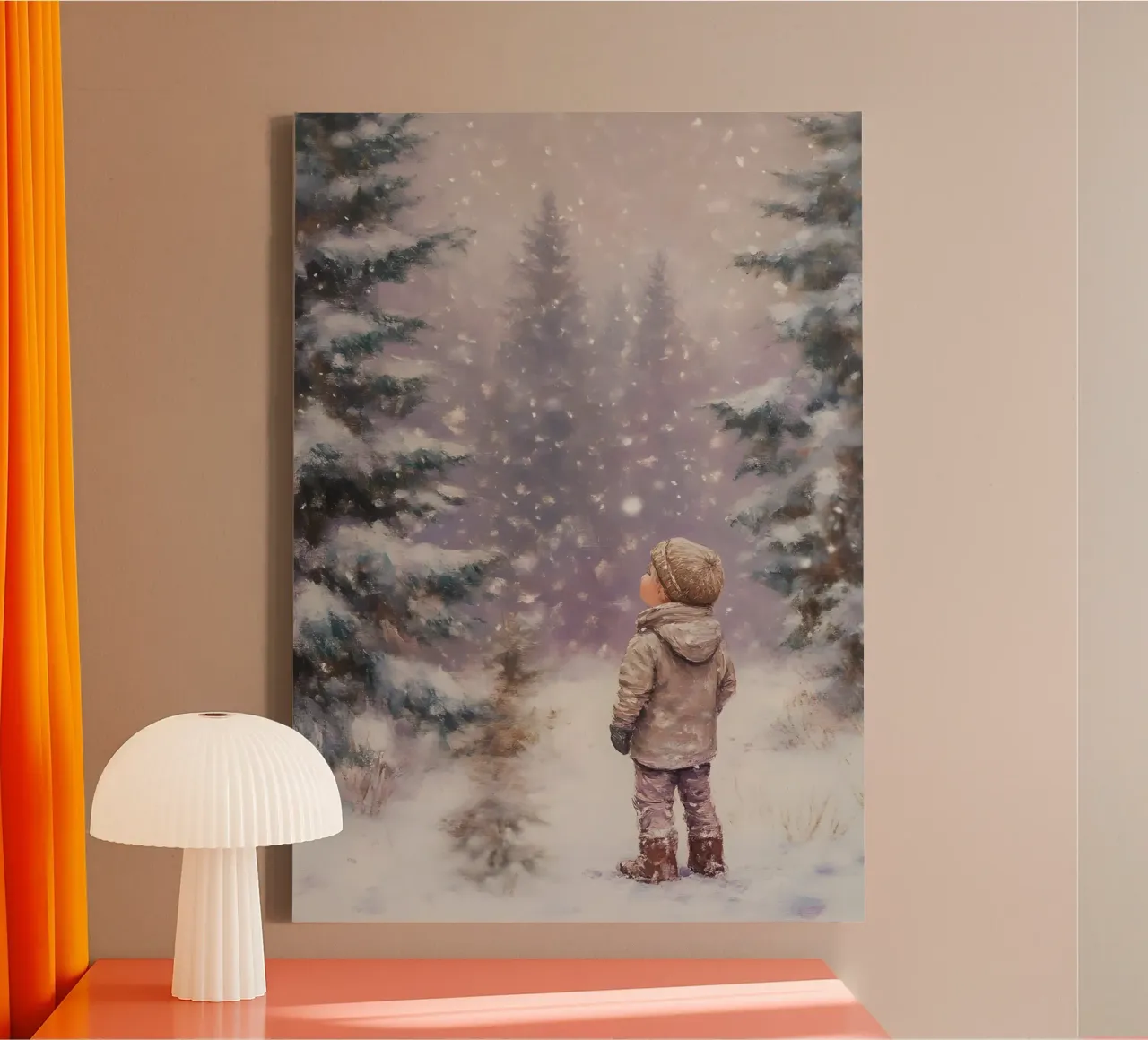 Child in Snowy Forest Art Print - Winter Wonderland Kids canvas with Floater frame by ClubArt