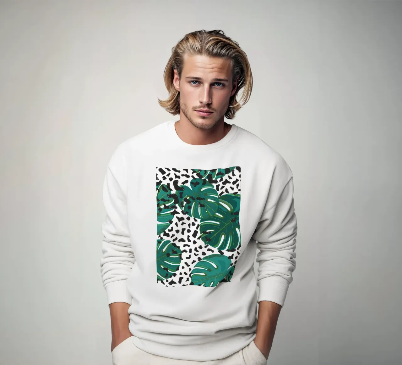 Monstera leaves with leopard print pattern sweatshirt by gulsengunel