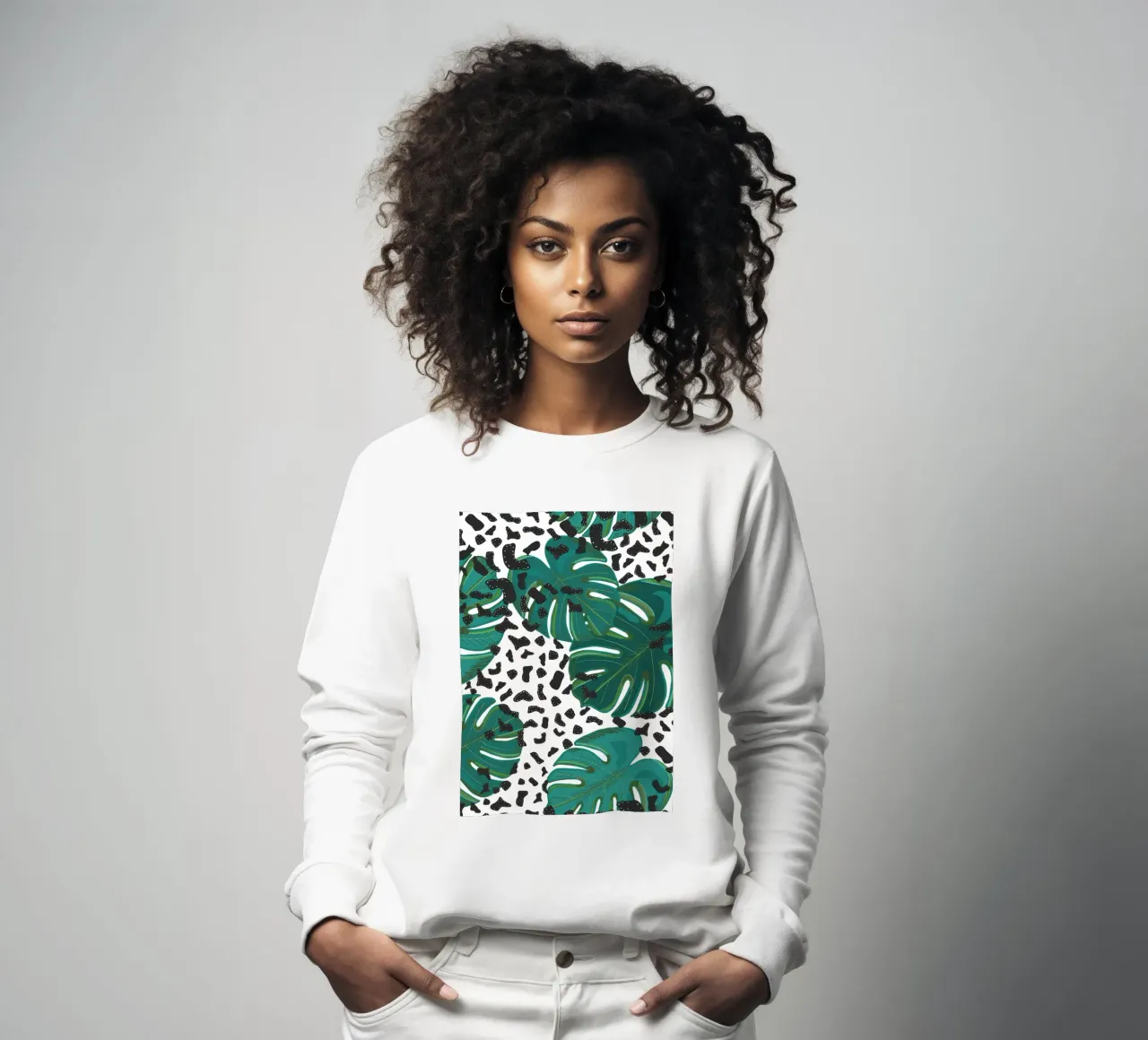 Monstera leaves with leopard print pattern sweatshirt by gulsengunel