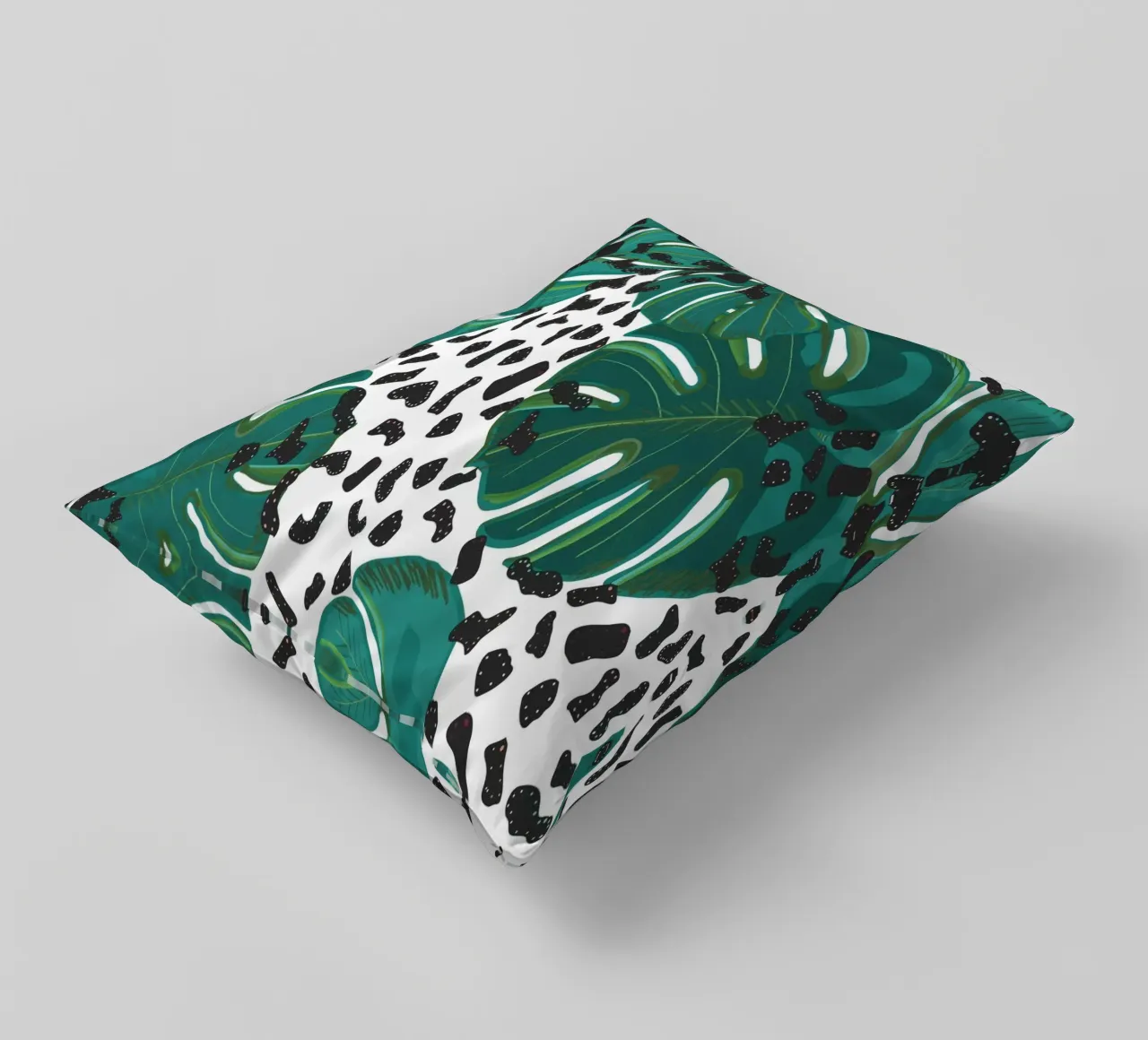 Monstera leaves with leopard print pattern decorative cushion by gulsengunel