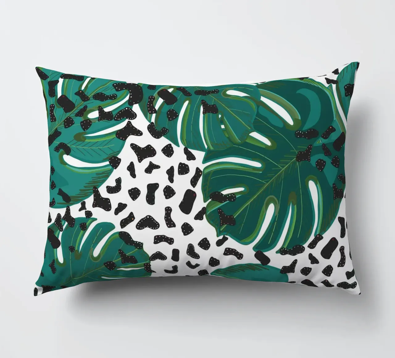 Monstera leaves with leopard print pattern decorative cushion by gulsengunel