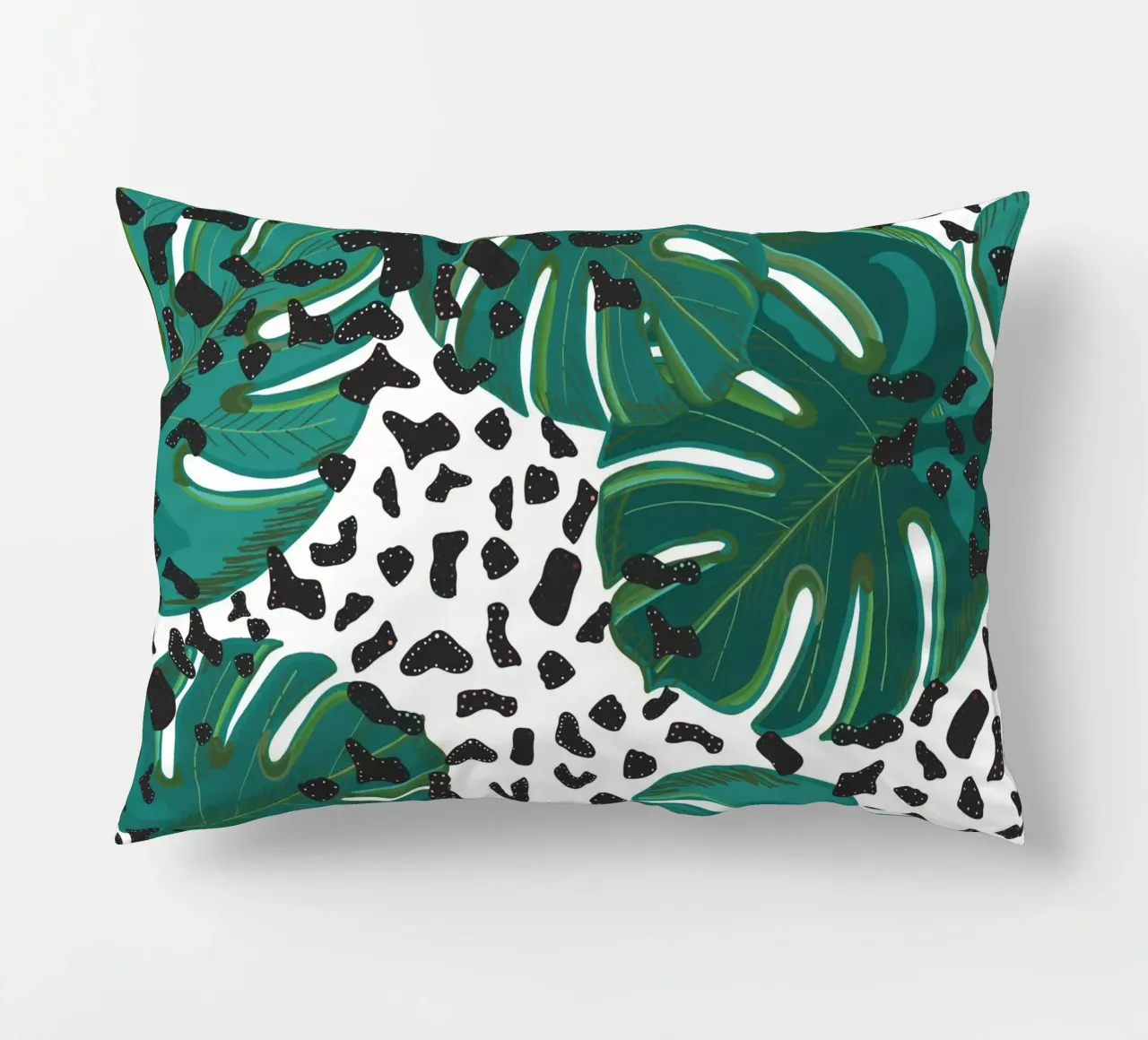 Monstera leaves with leopard print pattern decorative cushion by gulsengunel