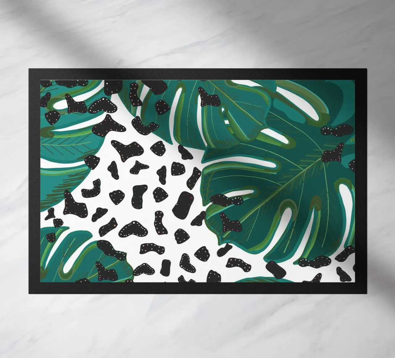 Monstera leaves with leopard print pattern doormat by gulsengunel