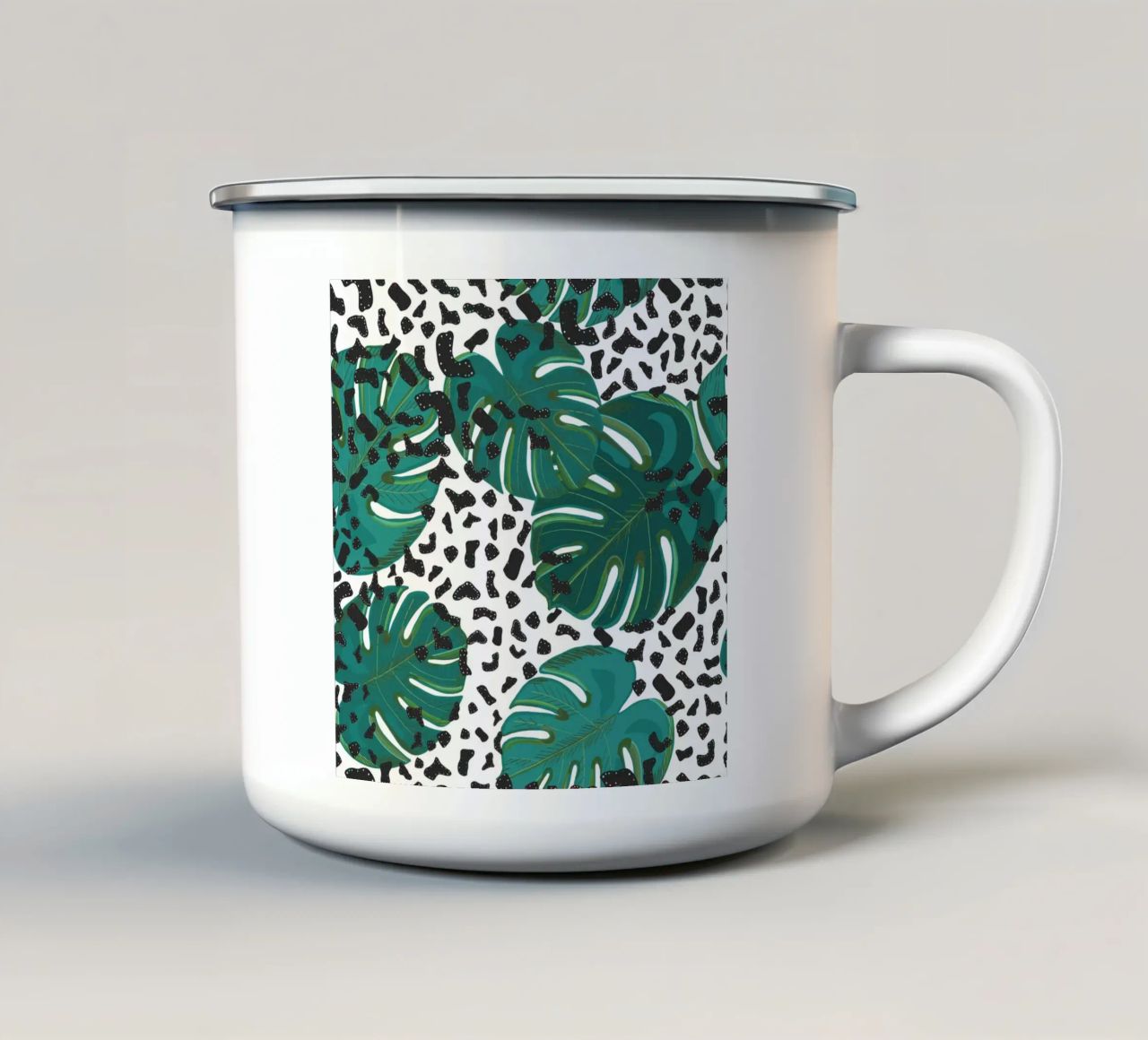 Monstera leaves with leopard print pattern enamel mug by gulsengunel