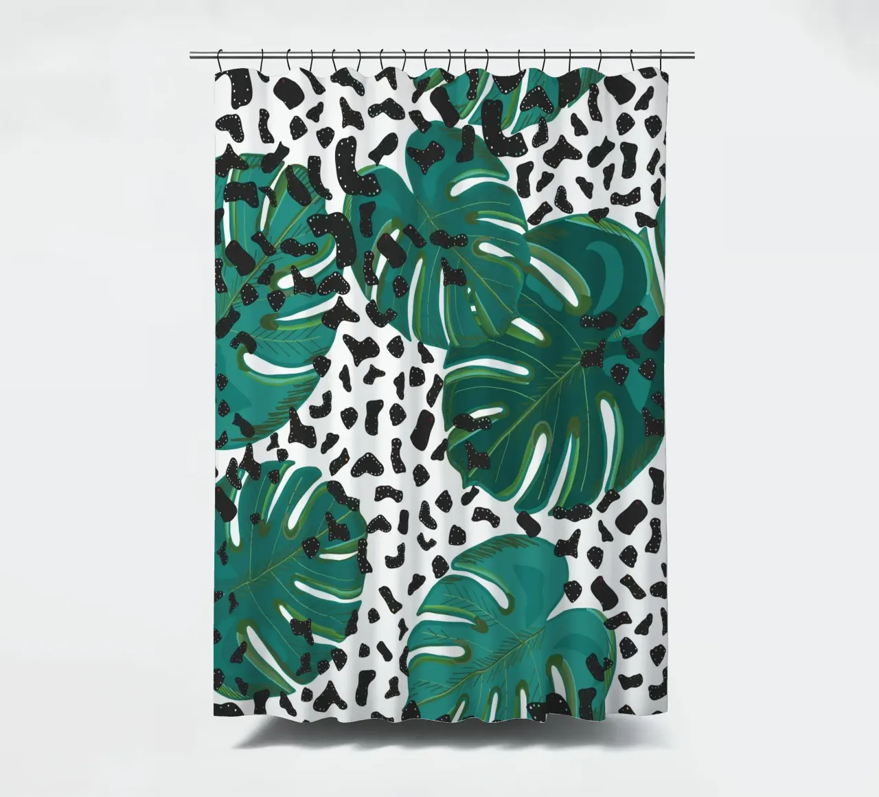 Monstera leaves with leopard print pattern shower curtain by gulsengunel