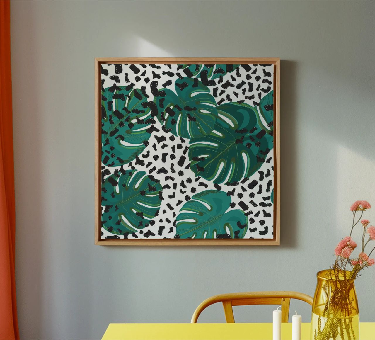Monstera leaves with leopard print pattern canvas by gulsengunel