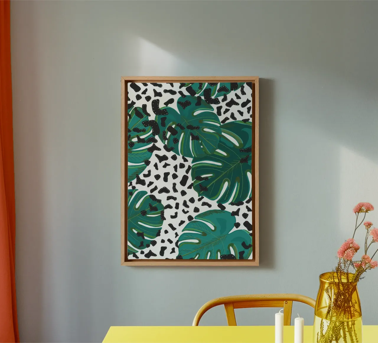 Monstera leaves with leopard print pattern canvas by gulsengunel