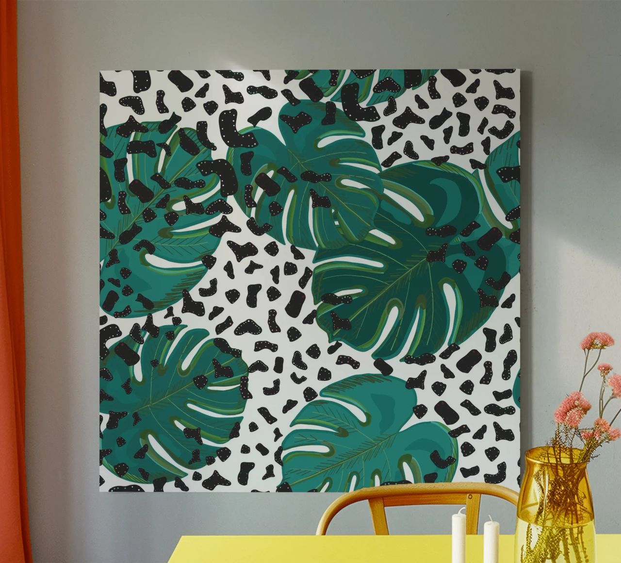 Monstera leaves with leopard print pattern canvas by gulsengunel