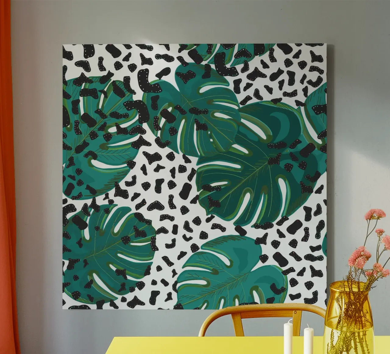 Monstera leaves with leopard print pattern canvas with Floater frame by gulsengunel