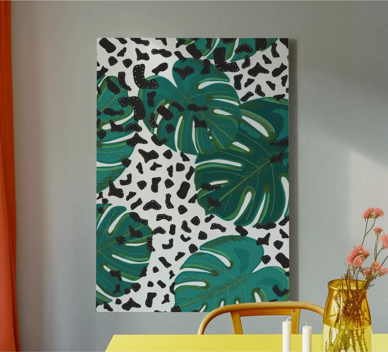 Monstera leaves with leopard print pattern canvas by gulsengunel