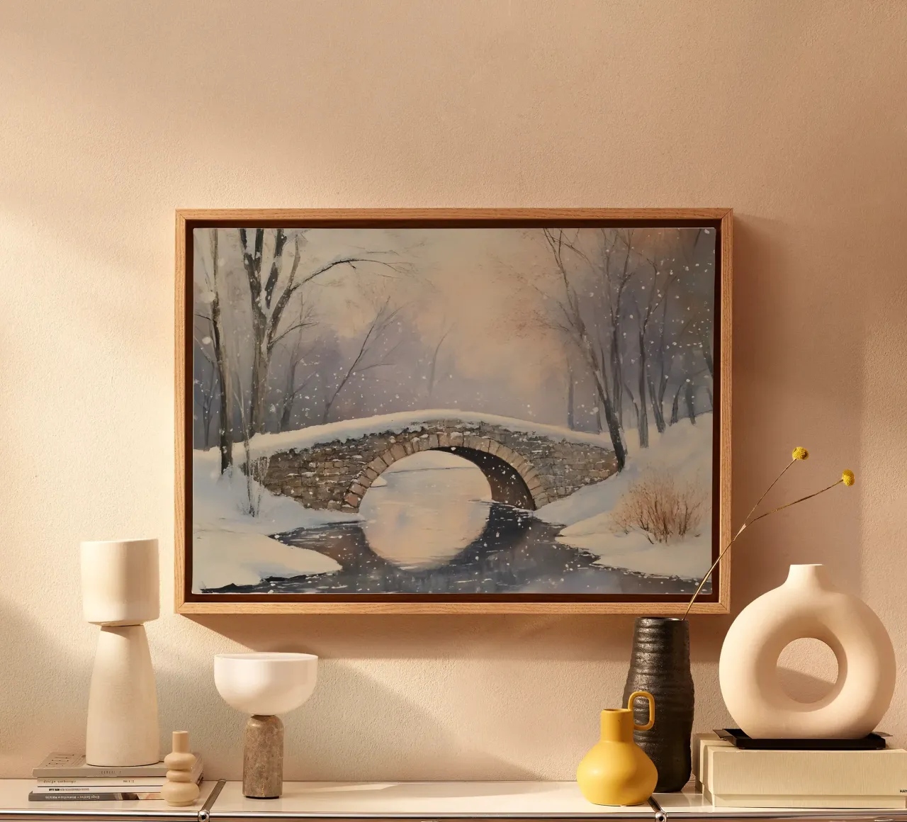 Winter Stenen Brug Landschap - Snowy Creek Kunstdruk canvas met Baklijst van ClubArt