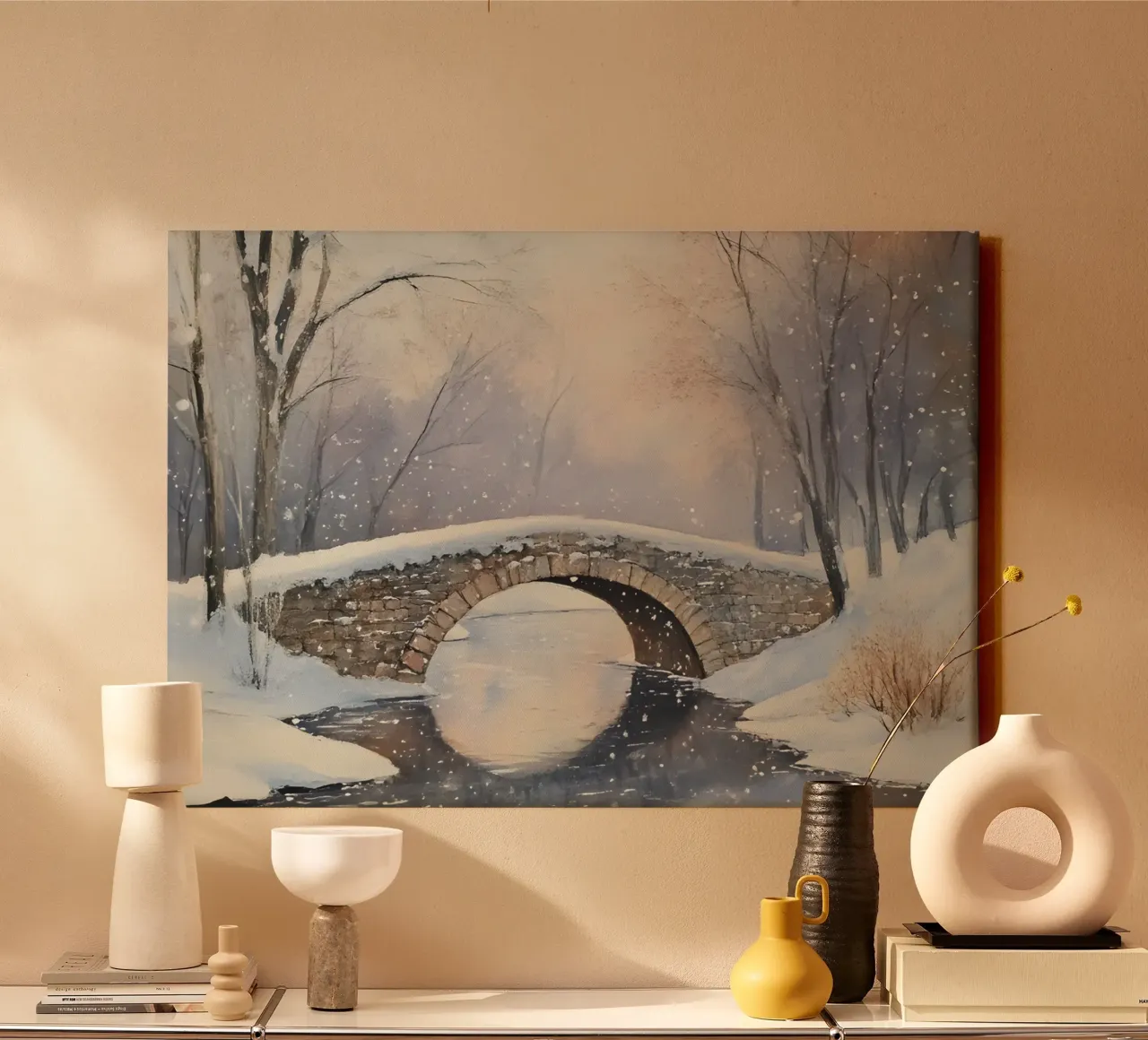 Winter Stenen Brug Landschap - Snowy Creek Kunstdruk canvas met Baklijst van ClubArt