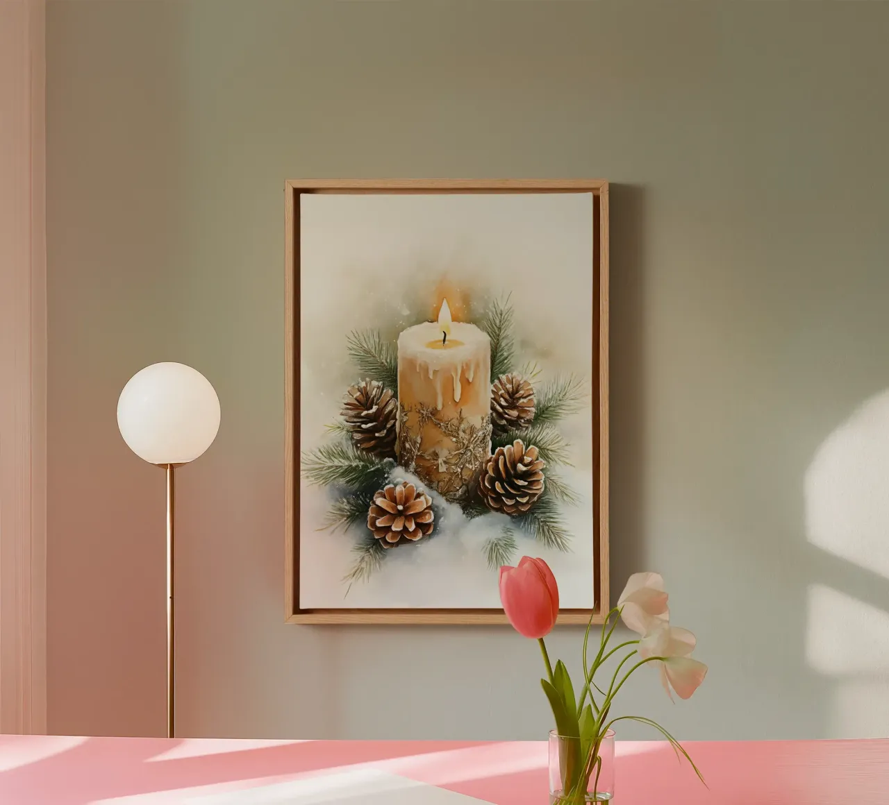 Rustieke Kerstmis Kaars Dennenappel Kunst - Kerstmis Decor Print canvas met Baklijst van ClubArt