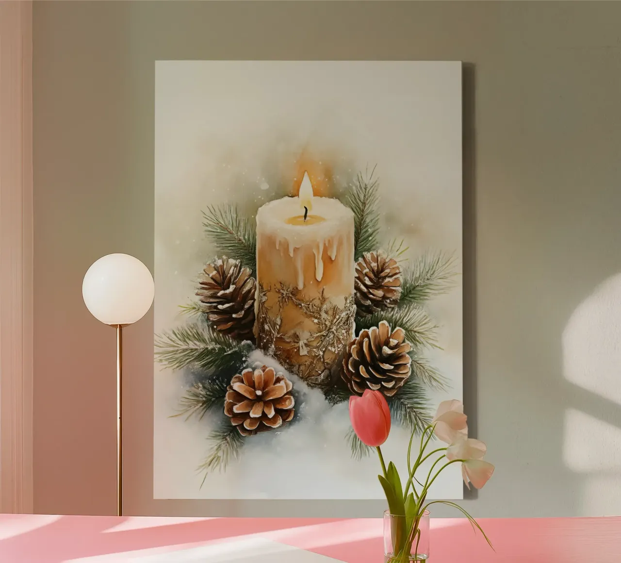 Rustieke Kerstmis Kaars Dennenappel Kunst - Kerstmis Decor Print canvas met Baklijst van ClubArt