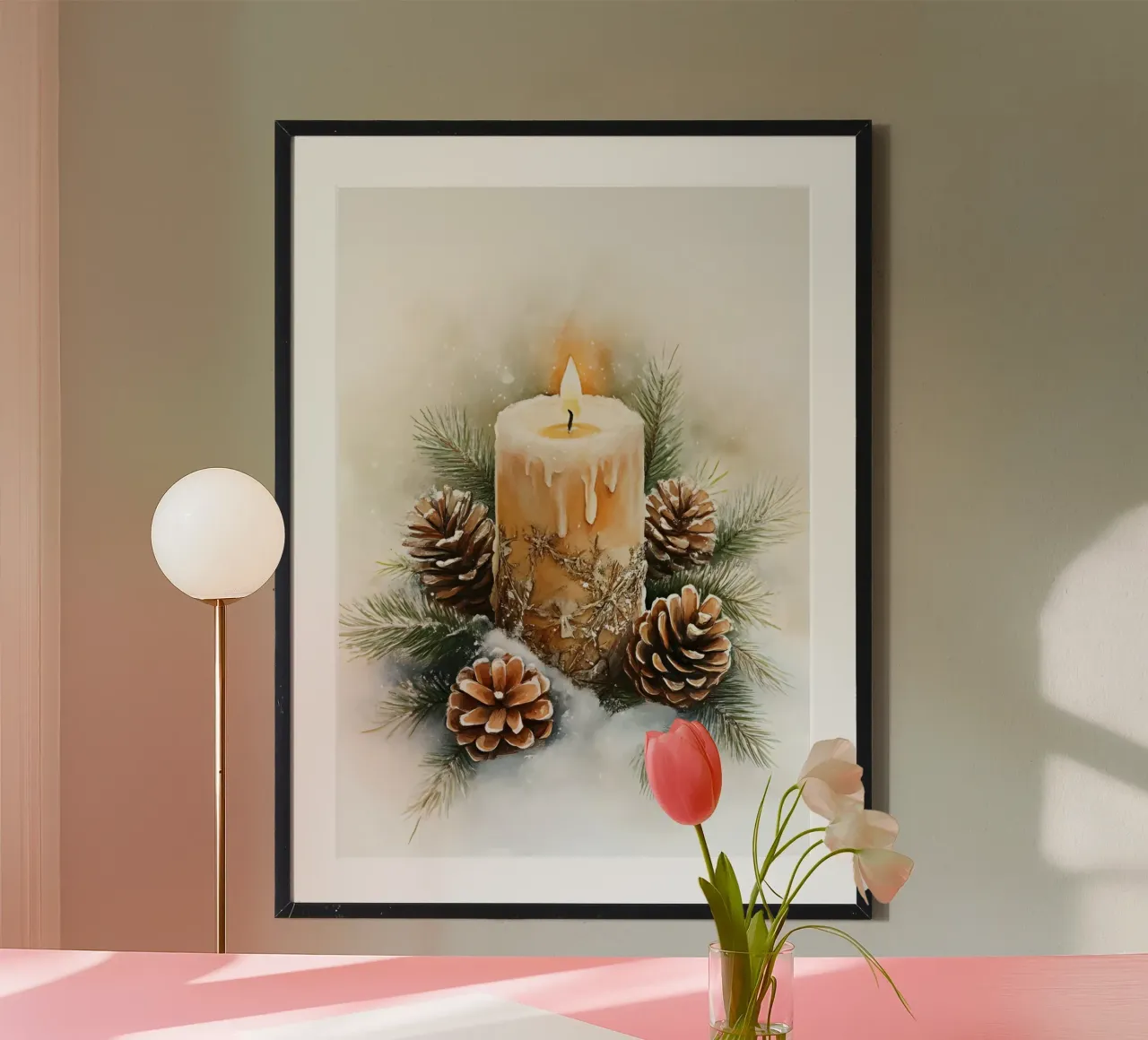 Rustieke Kerstmis Kaars Dennenappel Kunst - Kerstmis Decor Print poster van ClubArt