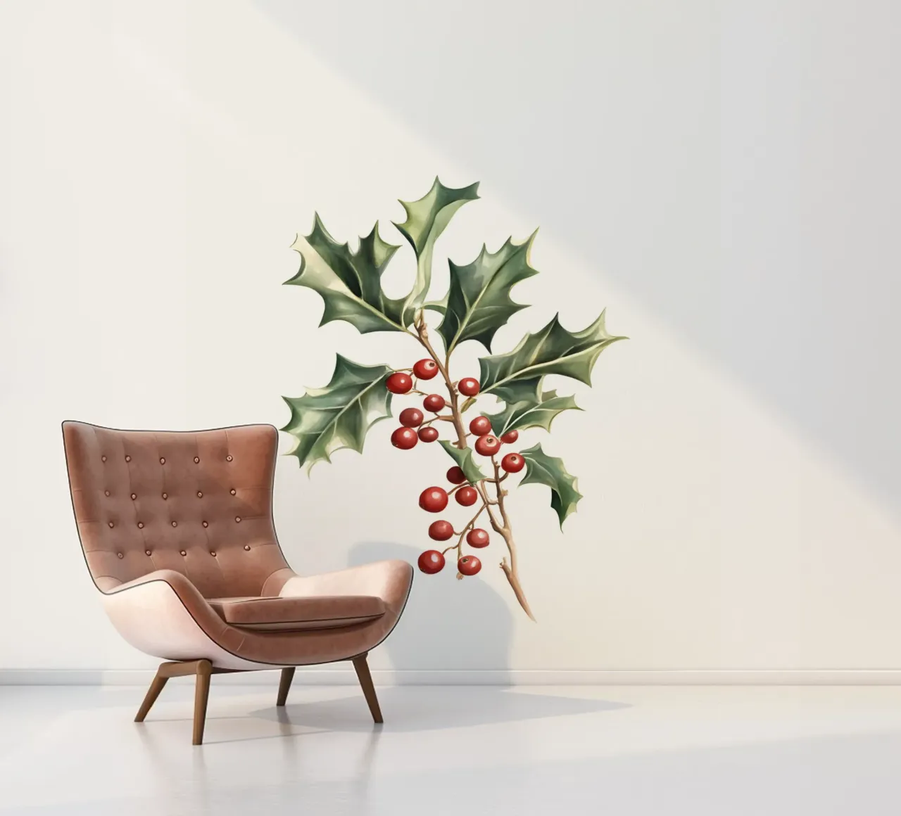 Clásico estampado botánico de acebo - Decoración navideña papel para pared de ClubArt