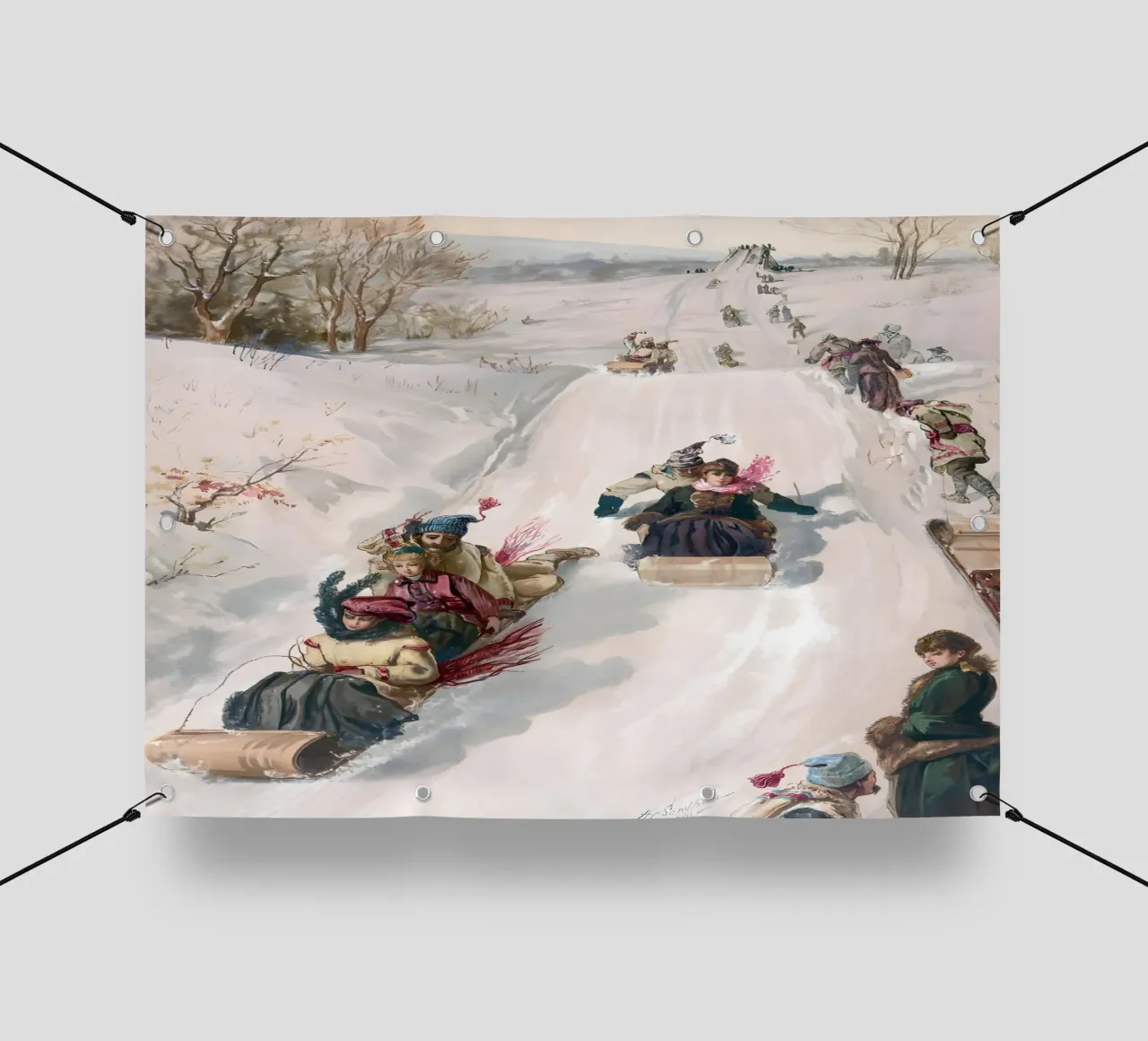Stampa d'arte sul divertimento invernale con slitta vittoriana - Scena nostalgica telo in pvc da ClubArt