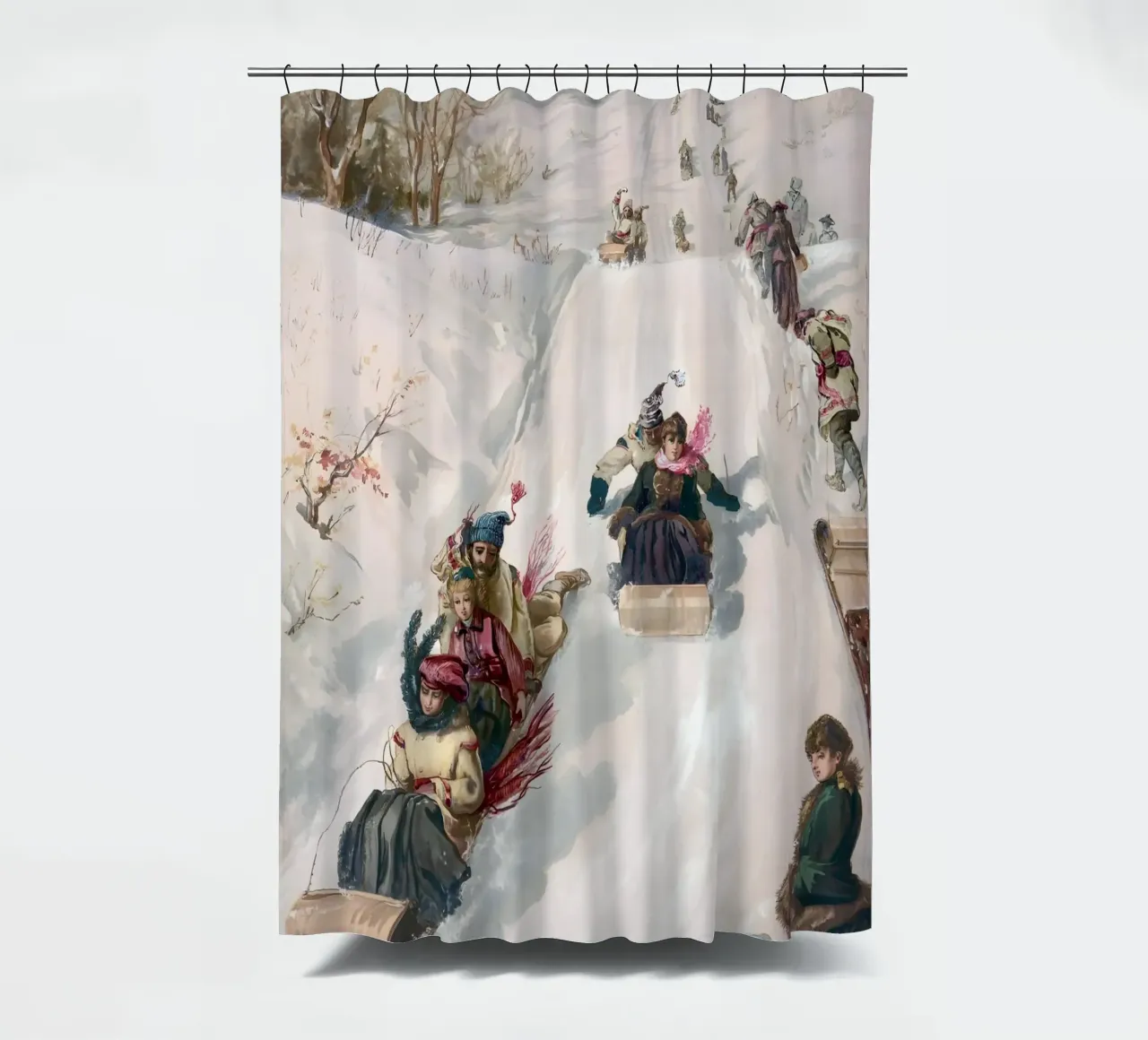 Victorian Sledding Winter Fun kunstdruk - nostalgische scène douchegordijn van ClubArt