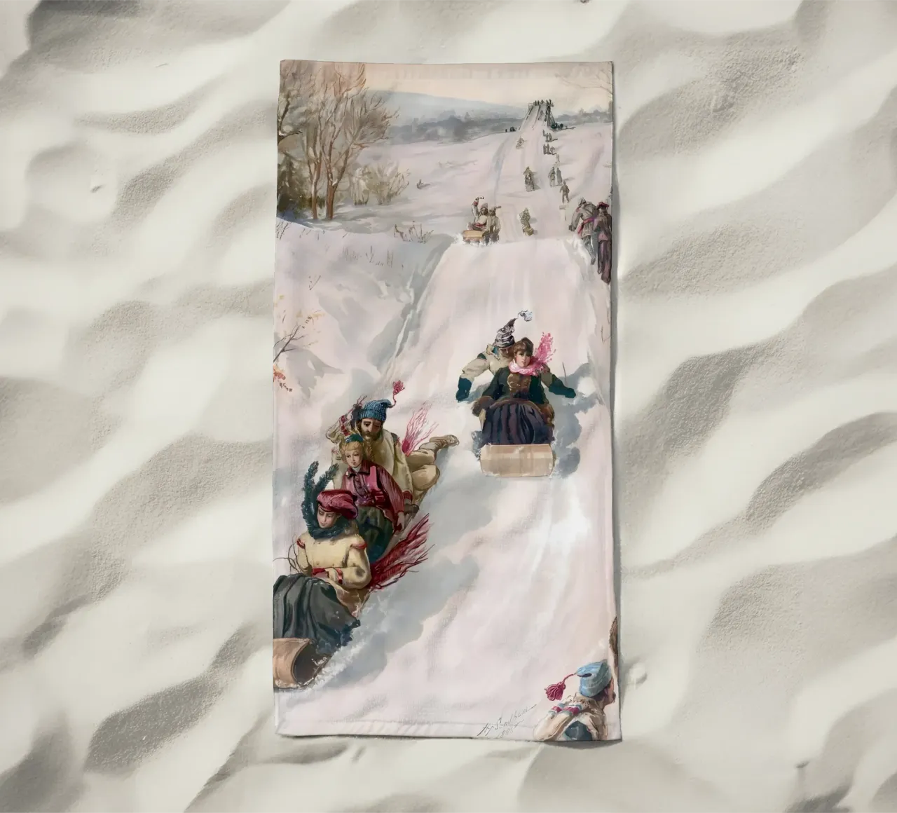Victorian Sledding Winter Fun Art Print - Nostalgic Scene beach towel by ClubArt