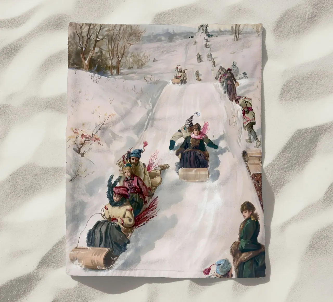 Victorian Sledding Winter Fun Art Print - Nostalgic Scene beach towel by ClubArt