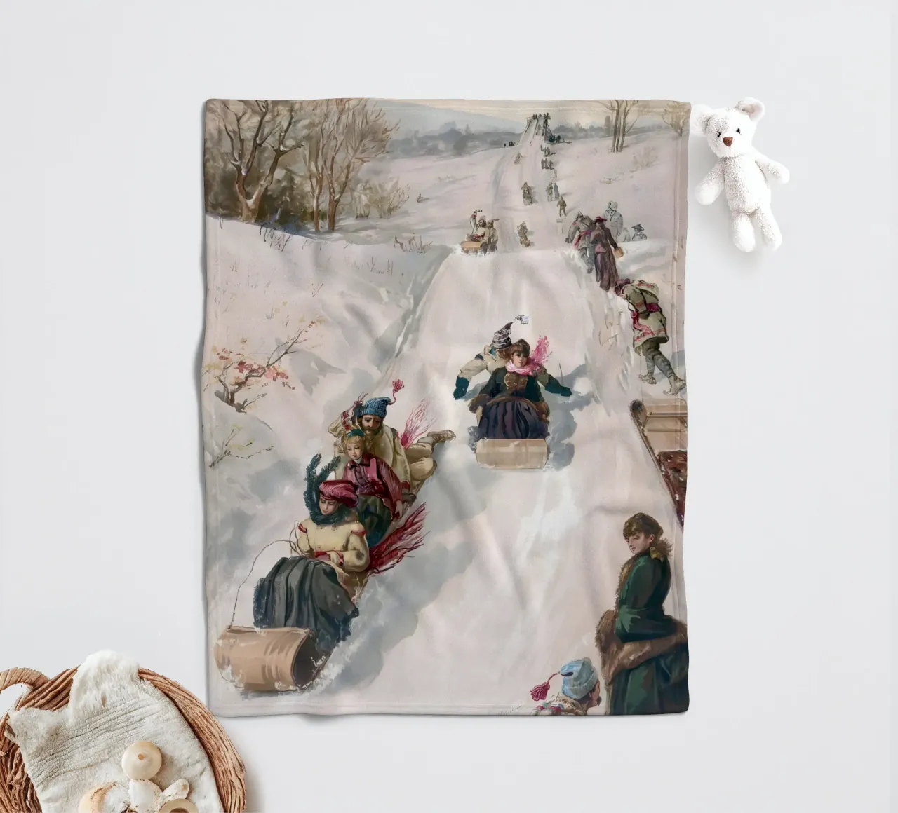 Victorian Sledding Winter Fun Art Print - Nostalgic Scene fleece blanket by ClubArt