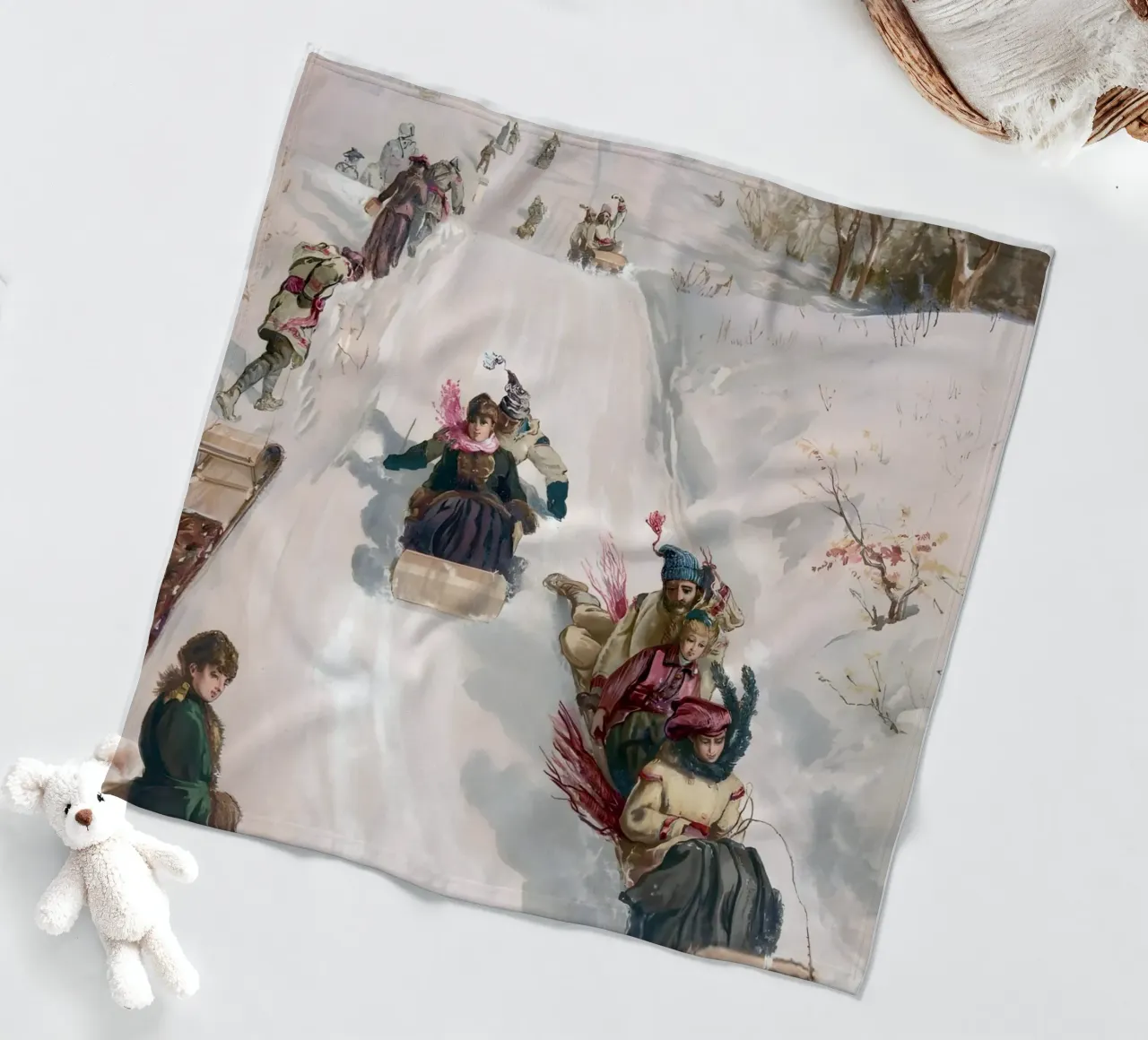 Victorian Sledding Winter Fun Art Print - Nostalgic Scene fleece blanket by ClubArt