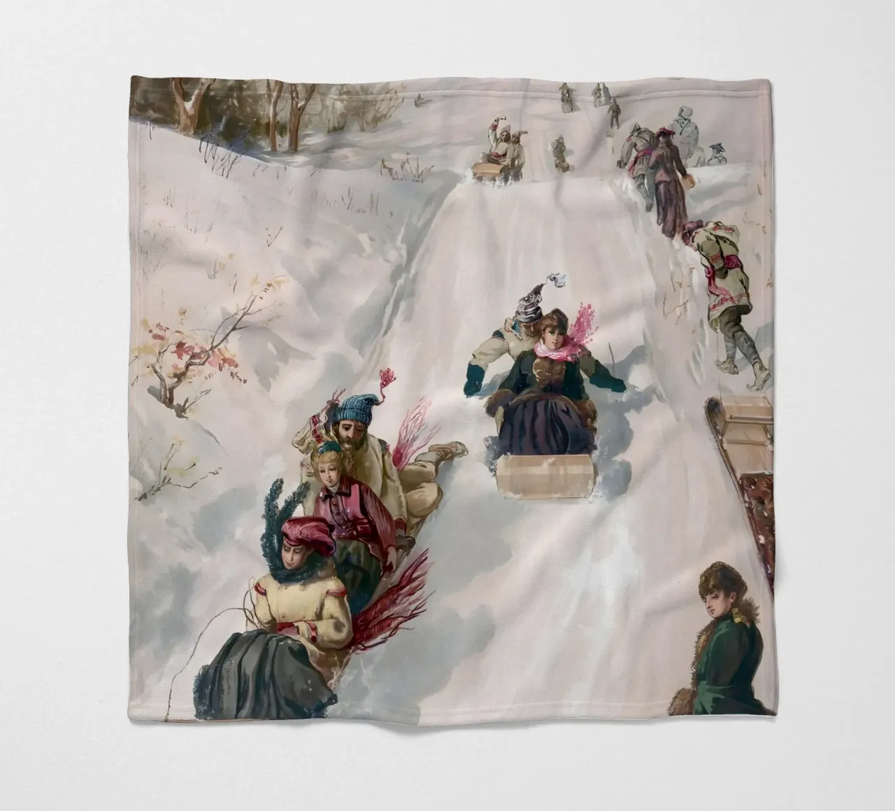 Victorian Sledding Winter Fun Art Print - Nostalgic Scene fleece blanket by ClubArt