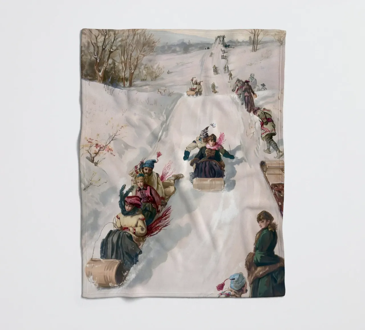 Victorian Sledding Winter Fun Art Print - Nostalgic Scene fleece blanket by ClubArt