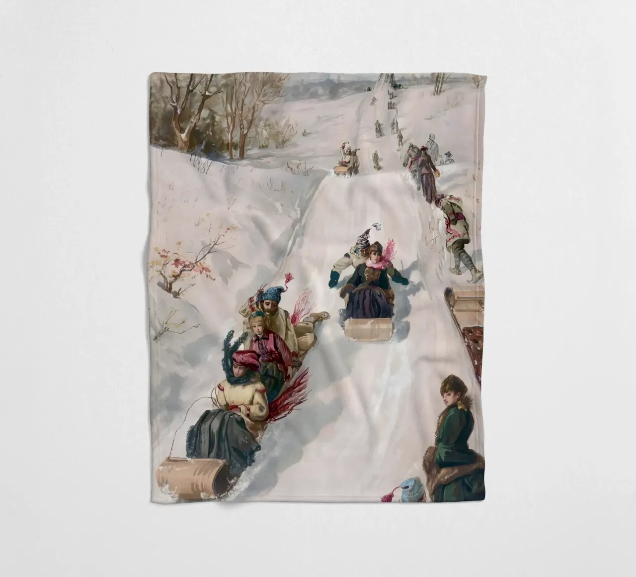 Victorian Sledding Winter Fun Art Print - Nostalgic Scene fleece blanket by ClubArt