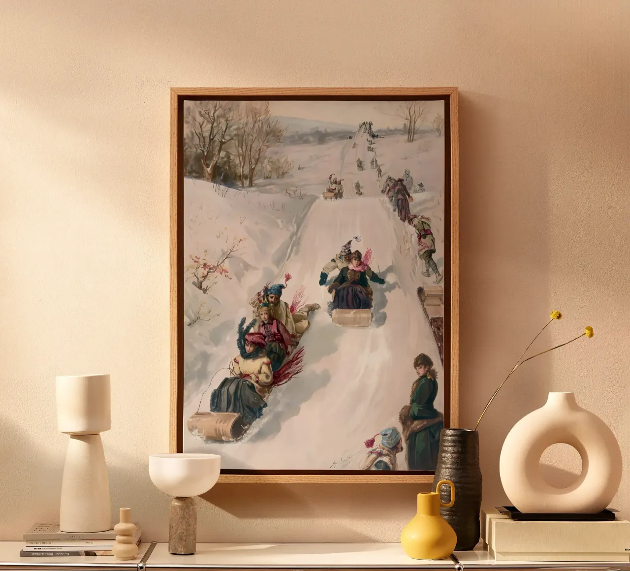 Victorian Sledding Winter Fun kunstdruk - nostalgische scène canvas van ClubArt