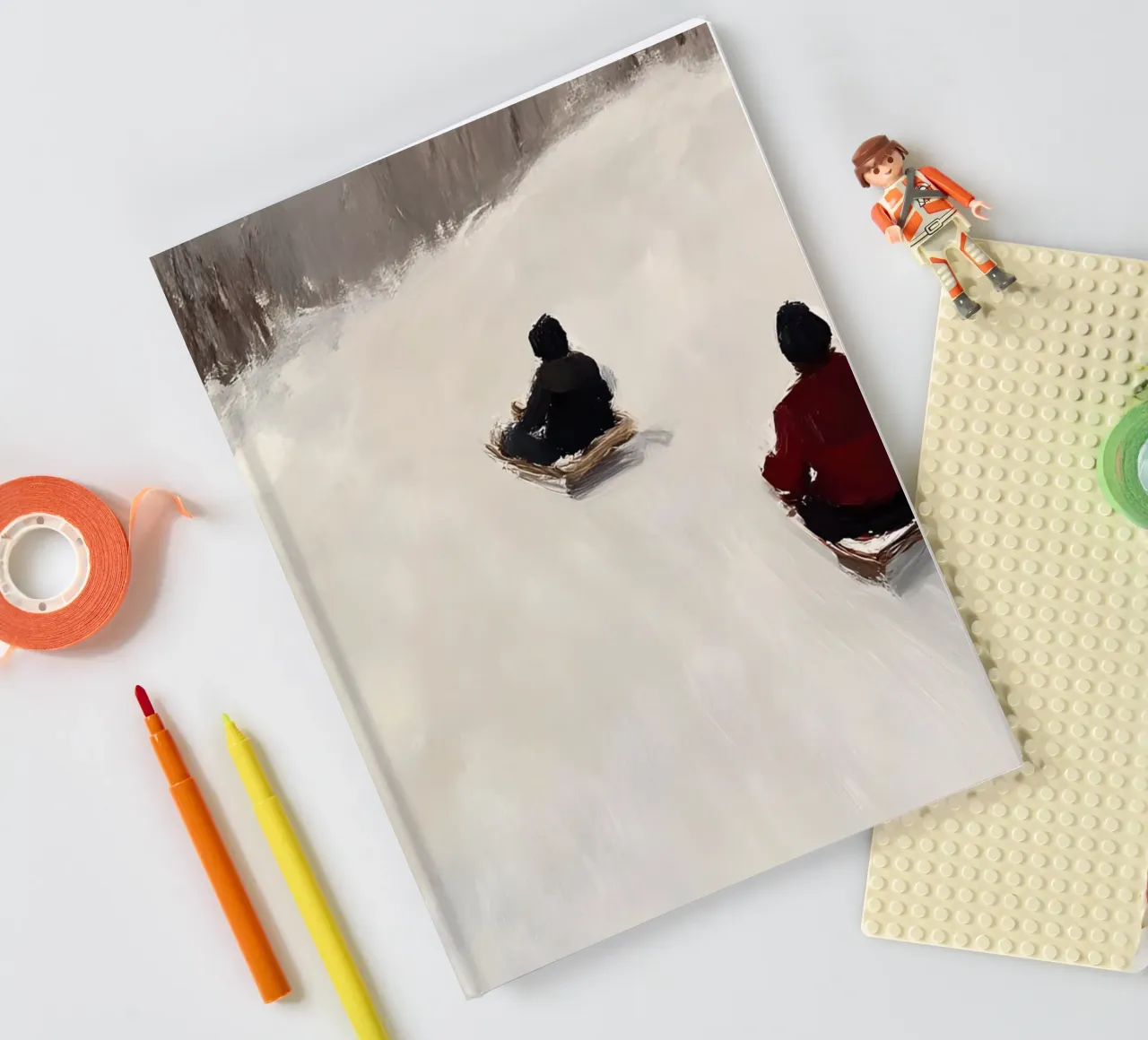 Abstract Sledding Fun Art Print - Winter Slope Scene notebook by ClubArt