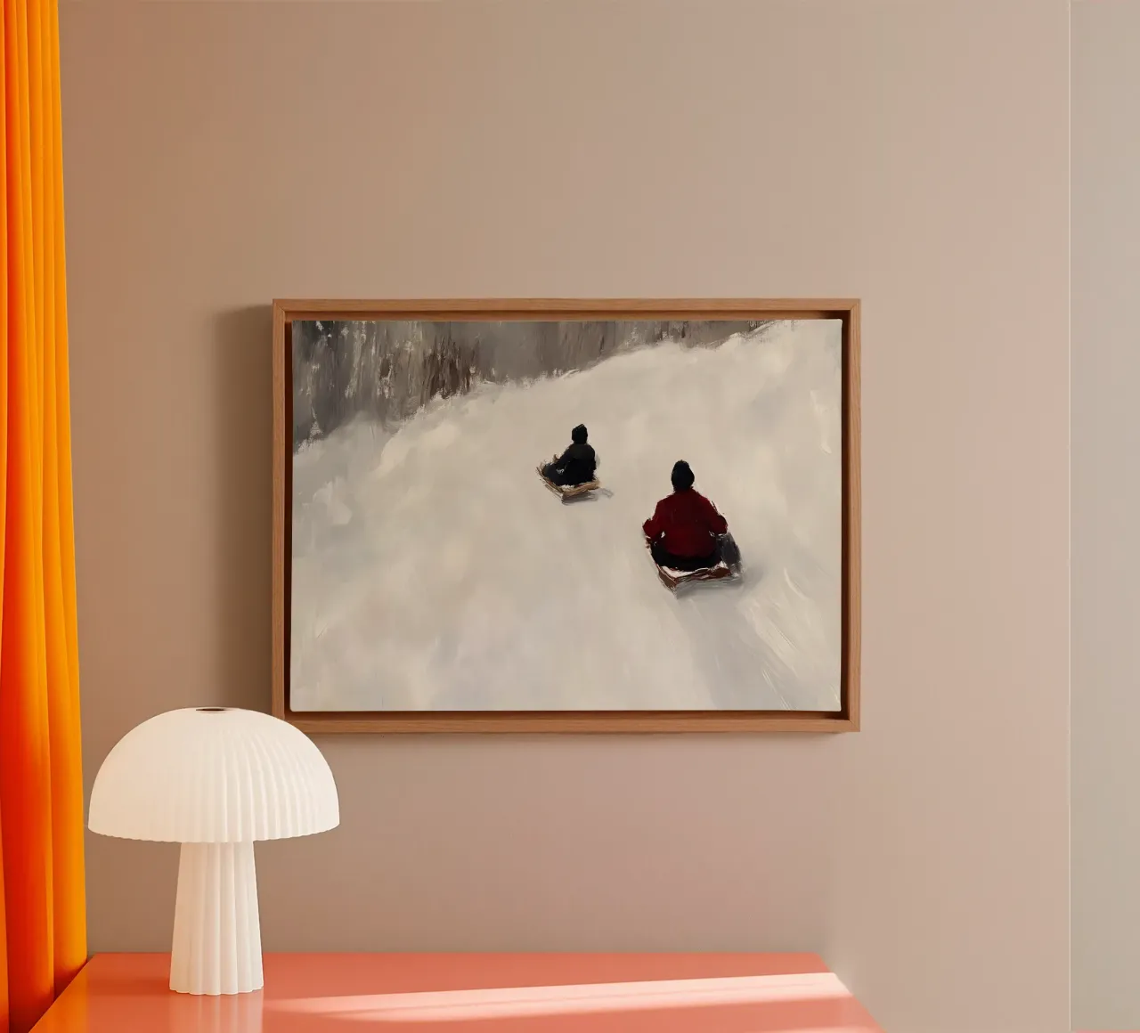 Abstracte sleeën Fun Art Print - Winter Helling Scène canvas met Baklijst van ClubArt