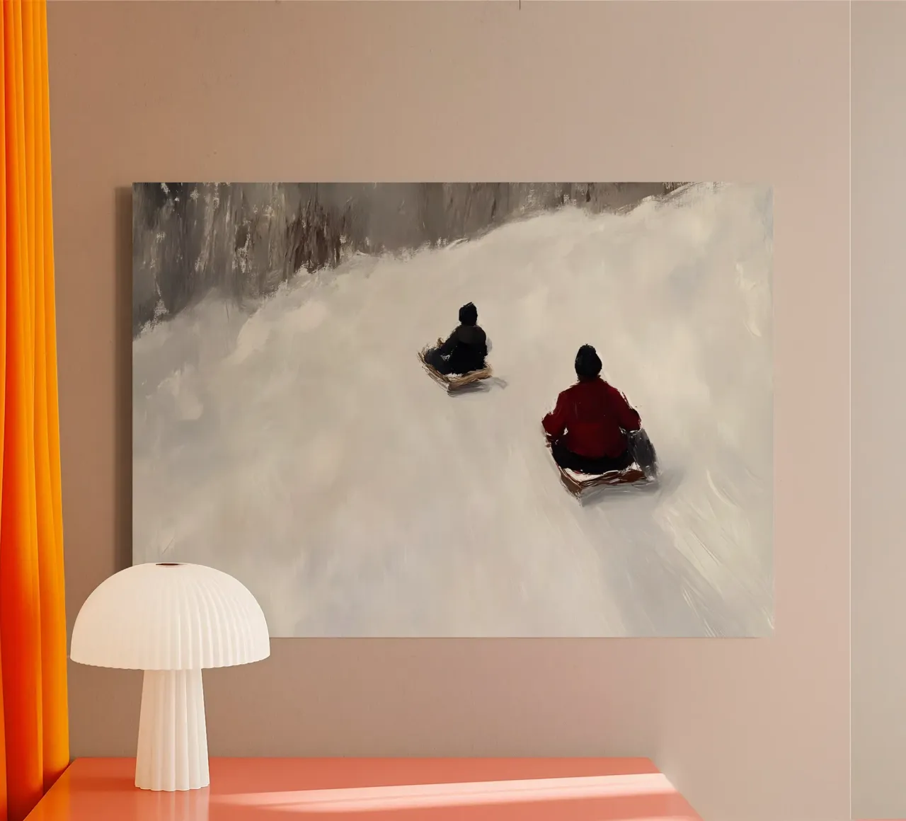 Abstracte sleeën Fun Art Print - Winter Helling Scène canvas met Baklijst van ClubArt