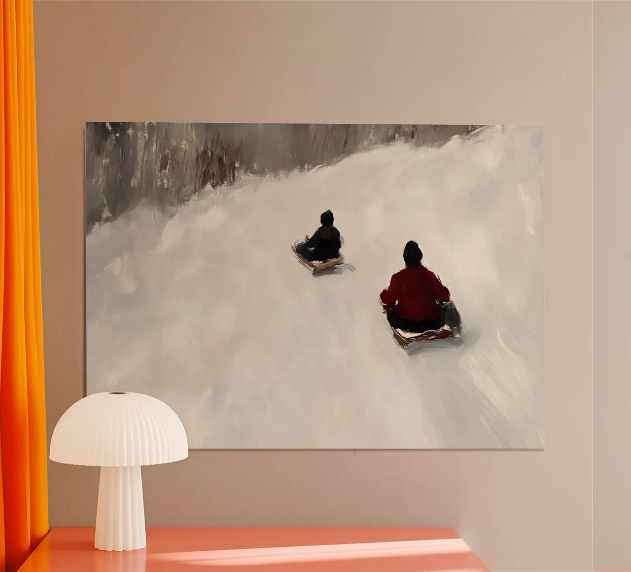 Stampa d'arte astratta "Divertimento in slitta" - Scena di pendio invernale poster con telaio in plastica da ClubArt