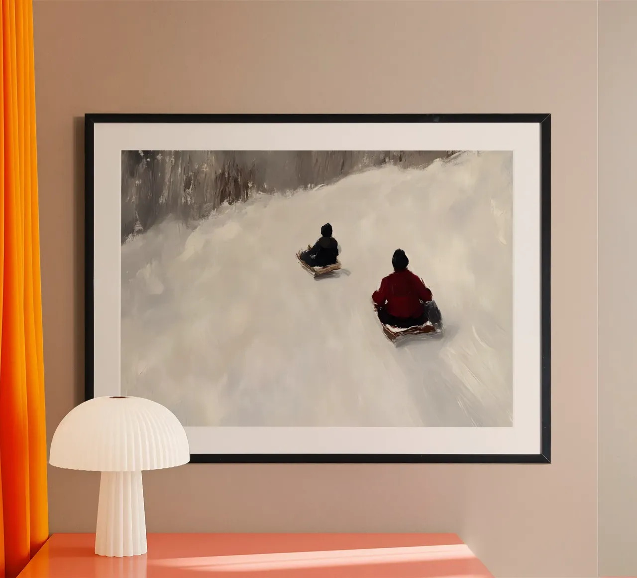 Stampa d'arte astratta "Divertimento in slitta" - Scena di pendio invernale poster con telaio in plastica da ClubArt