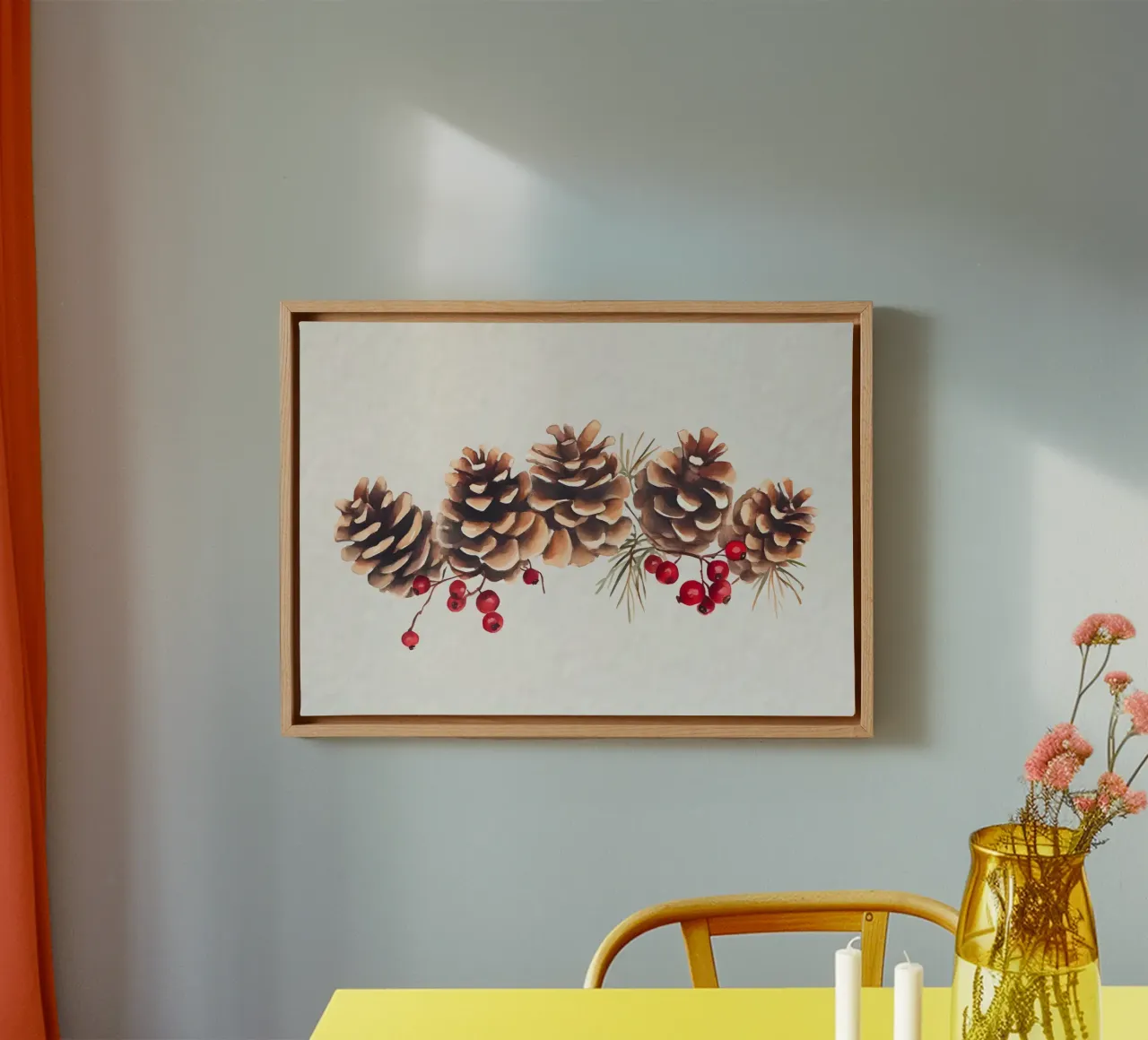 Gemütliche Tannenzapfen & Beeren Weihnachten Kunstdruck - Rustikale Dekoration Leinwand mit Schattenfugenrahmen von ClubArt