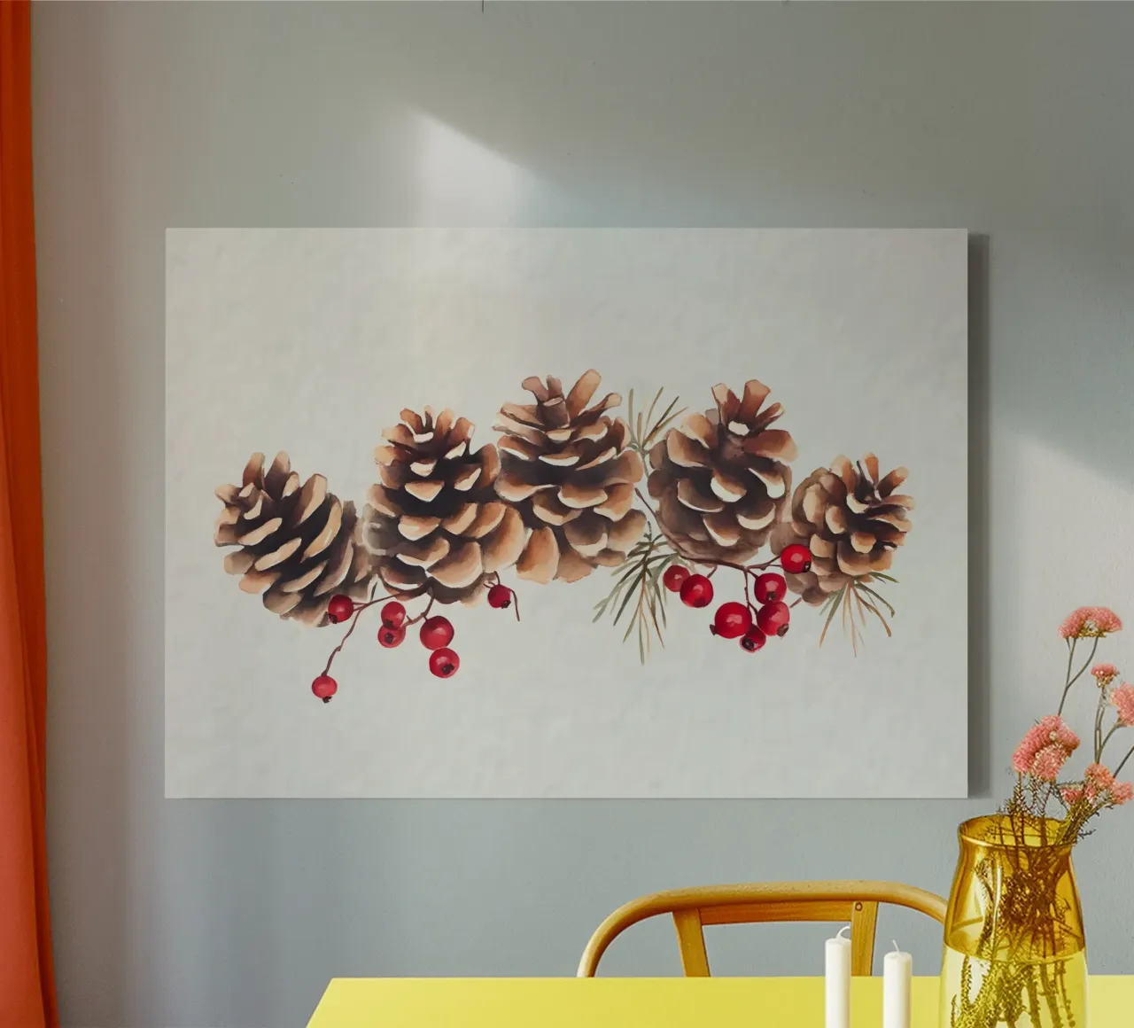 Gemütliche Tannenzapfen & Beeren Weihnachten Kunstdruck - Rustikale Dekoration Leinwand mit Schattenfugenrahmen von ClubArt