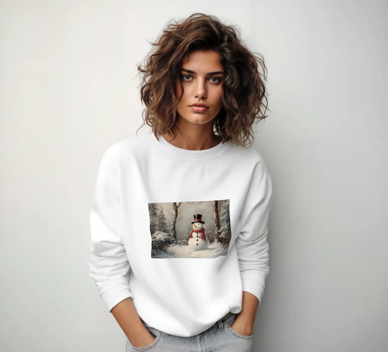 Festlicher Schneemann in verschneiten Wäldern Kunstdruck - Winter Charme Sweatshirt von ClubArt