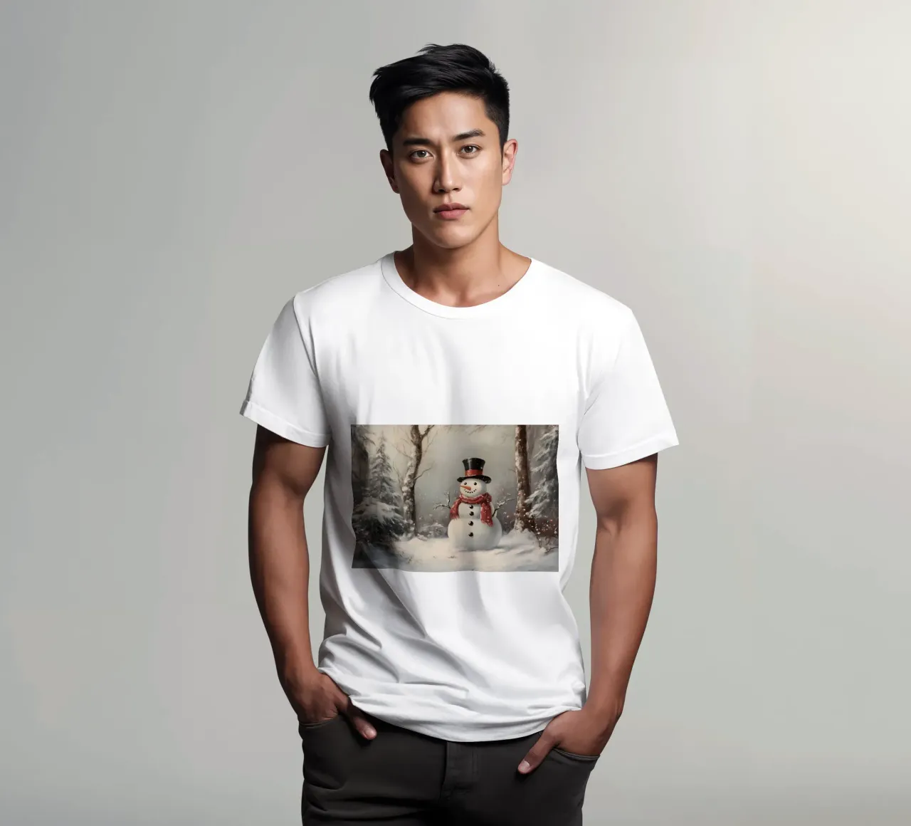Festlicher Schneemann in verschneiten Wäldern Kunstdruck - Winter Charme T-Shirt von ClubArt