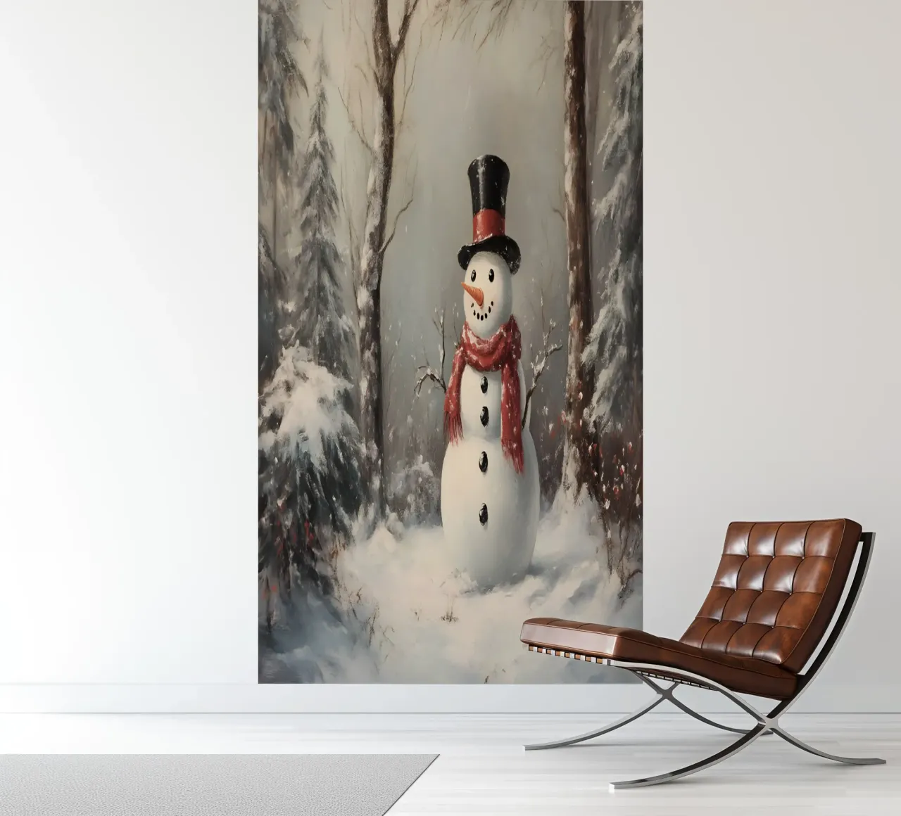 Festive Snowman in Snowy Woods Art Print - Winter Charm photo wallpaper by ClubArt