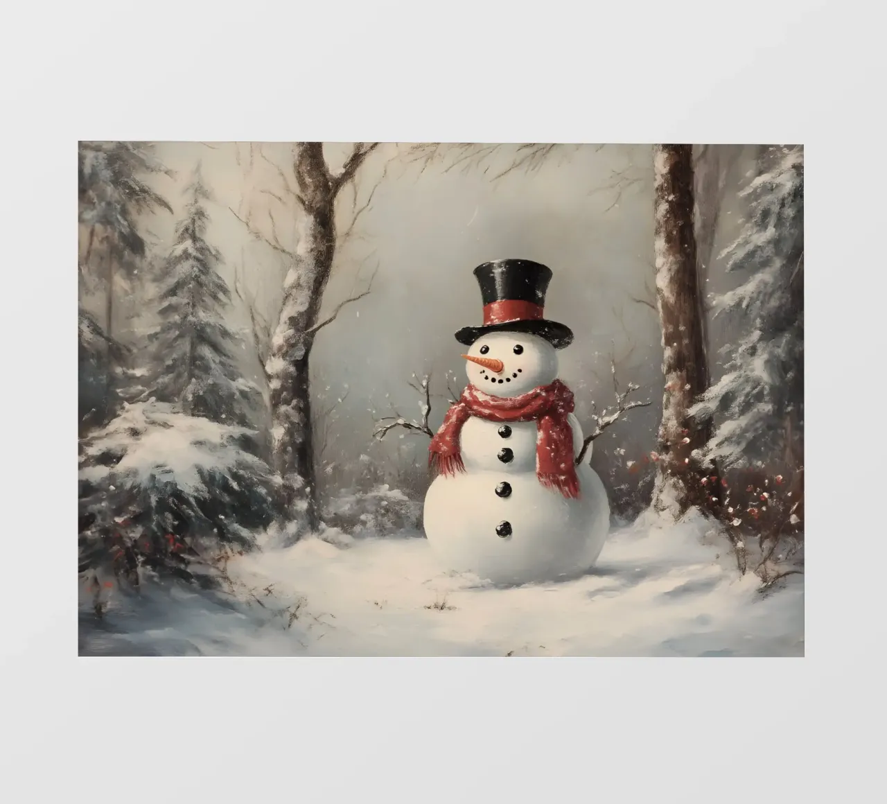 Festlicher Schneemann in verschneiten Wäldern Kunstdruck - Winter Charme PVC Plane von ClubArt
