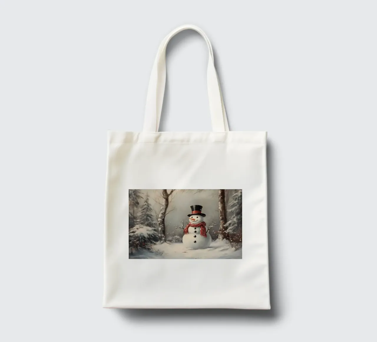 Festlicher Schneemann in verschneiten Wäldern Kunstdruck - Winter Charme Jutebeutel von ClubArt