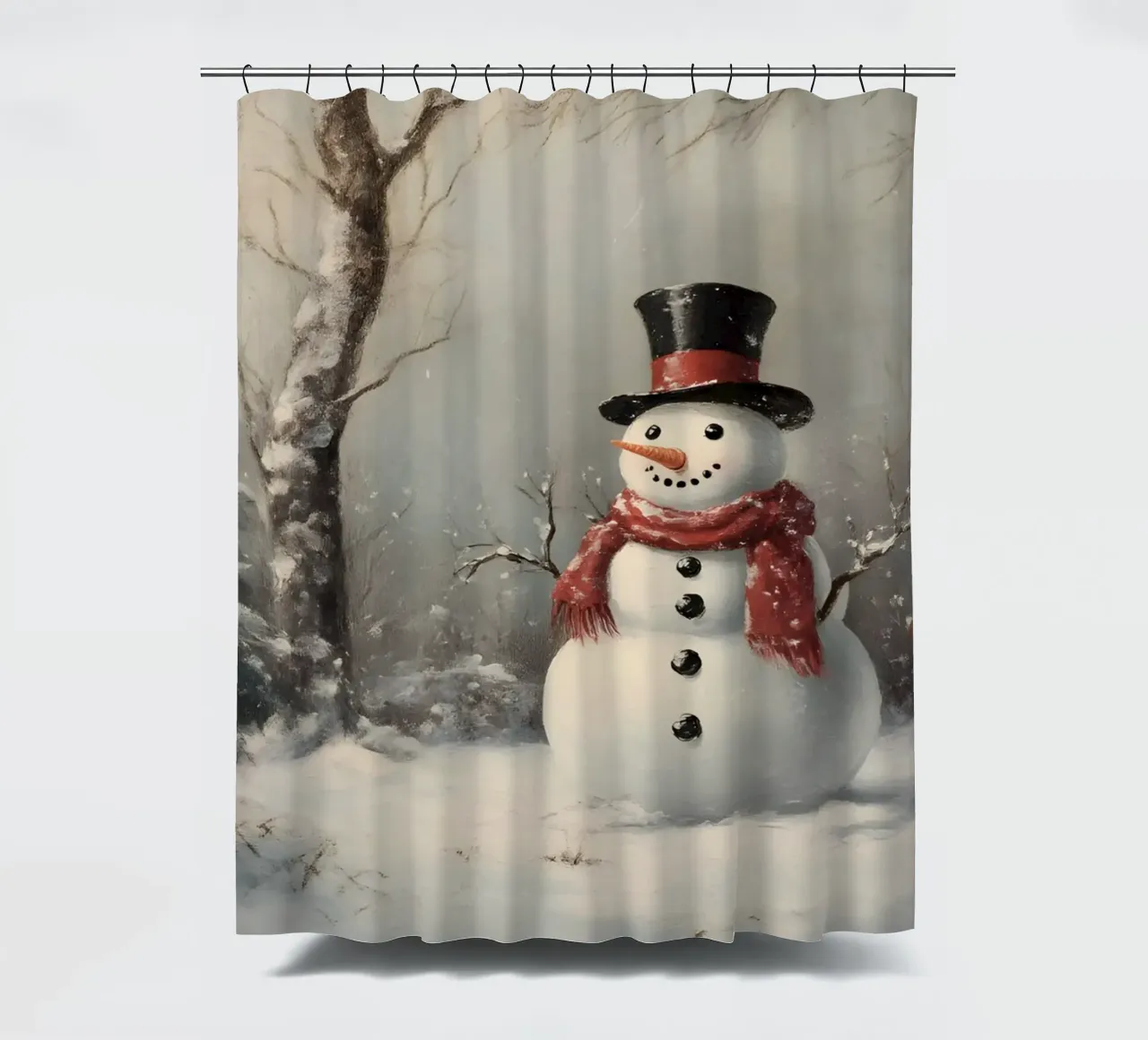 Festlicher Schneemann in verschneiten Wäldern Kunstdruck - Winter Charme Duschvorhang von ClubArt