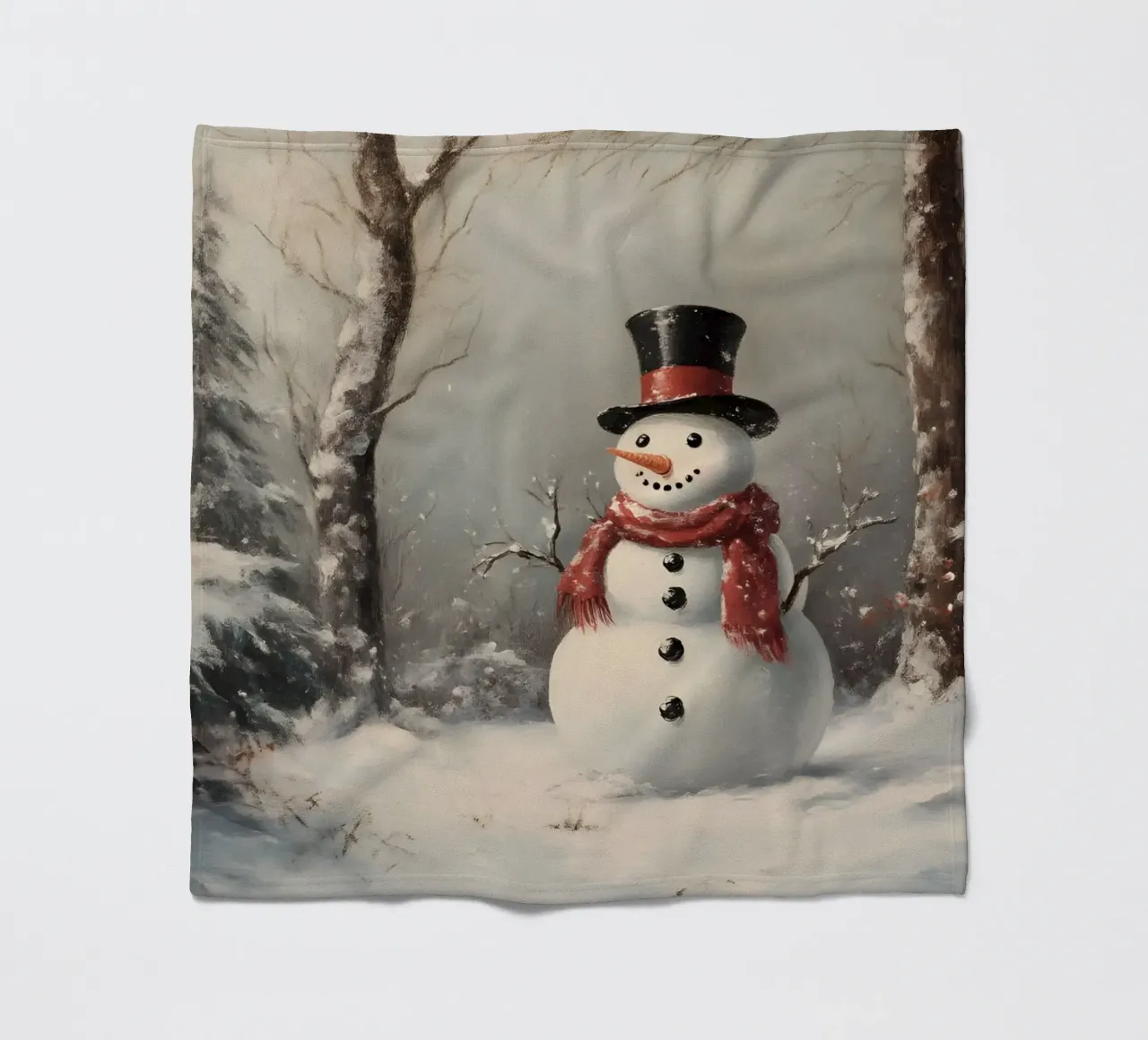 Festlicher Schneemann in verschneiten Wäldern Kunstdruck - Winter Charme Fleecedecke von ClubArt