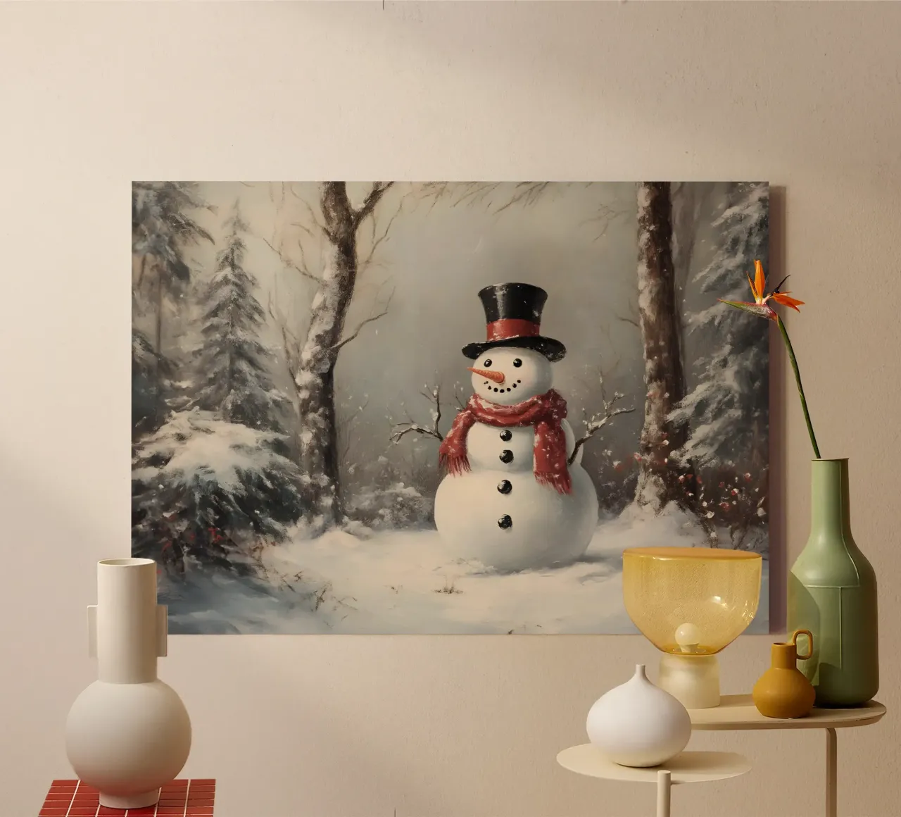 Festlicher Schneemann in verschneiten Wäldern Kunstdruck - Winter Charme Leinwand von ClubArt
