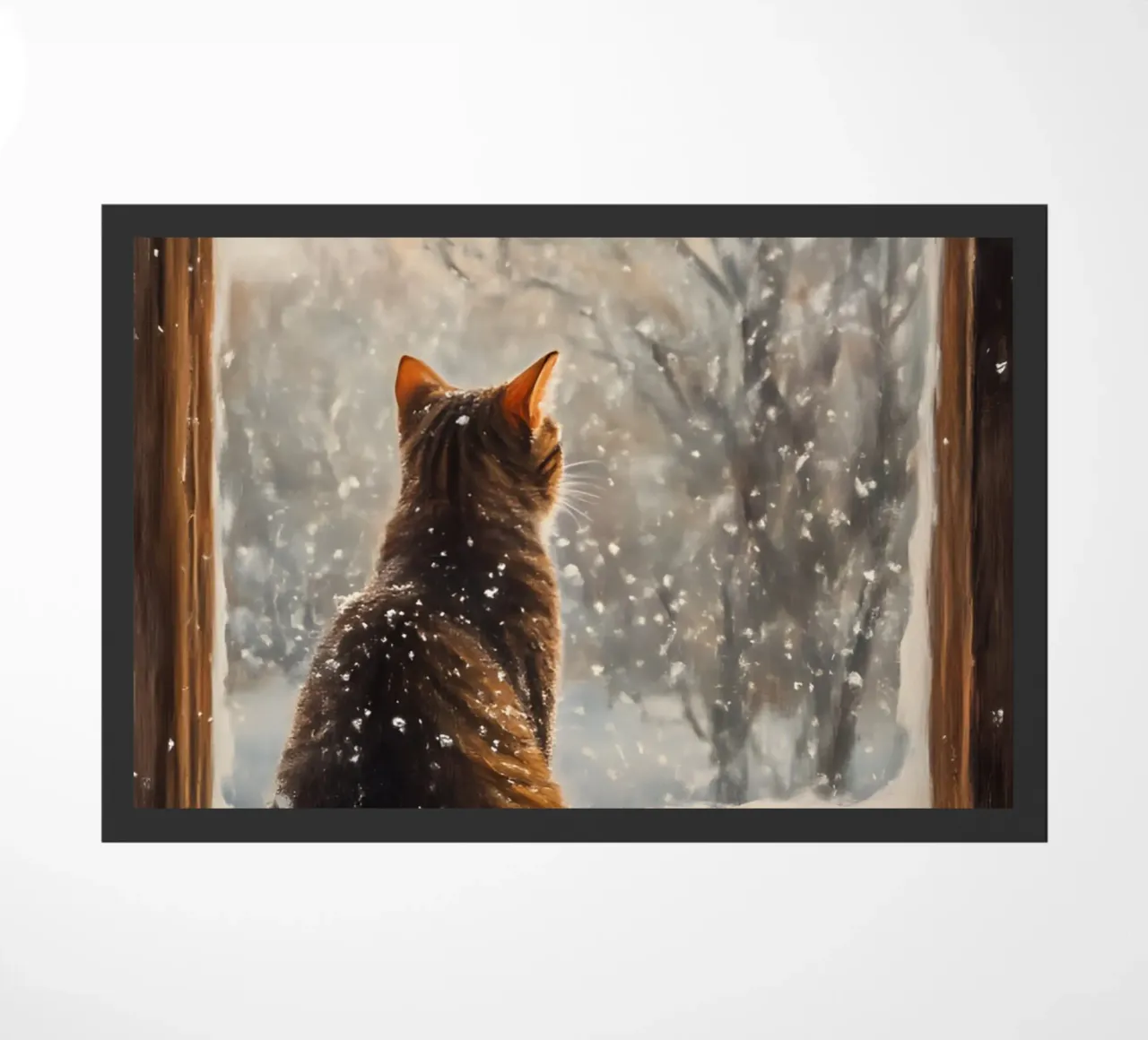 Chute de neige sur la fenêtre du chat douillet - Esthétique hivernale paillasson de ClubArt
