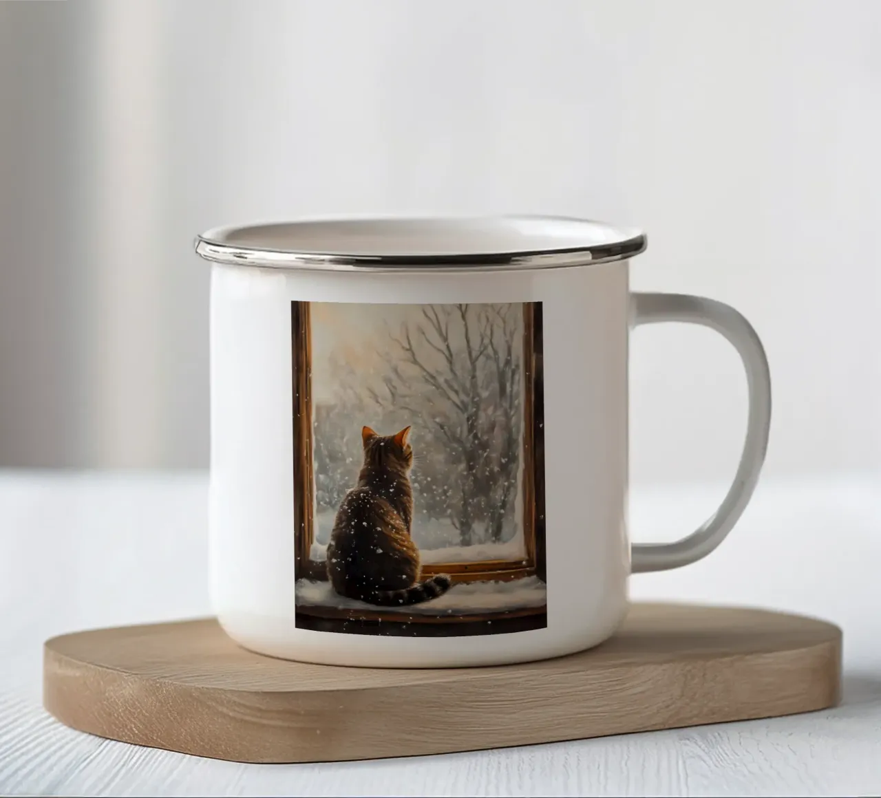 Knusse Katten Venster Sneeuwval Kunstdruk - Winter Esthetiek emaille mok van ClubArt