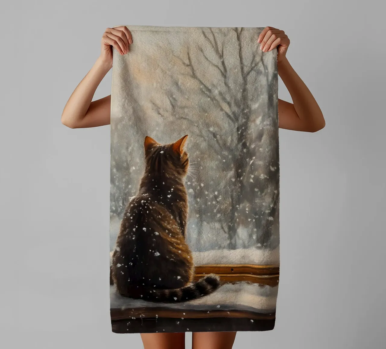 Cozy Cat Window Snowfall Art Print - Winter Aesthetic towel by ClubArt