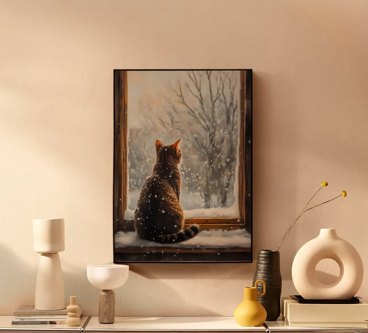 Cozy Cat Window Snowfall Art Print - Winter Aesthetic forex plate by ClubArt