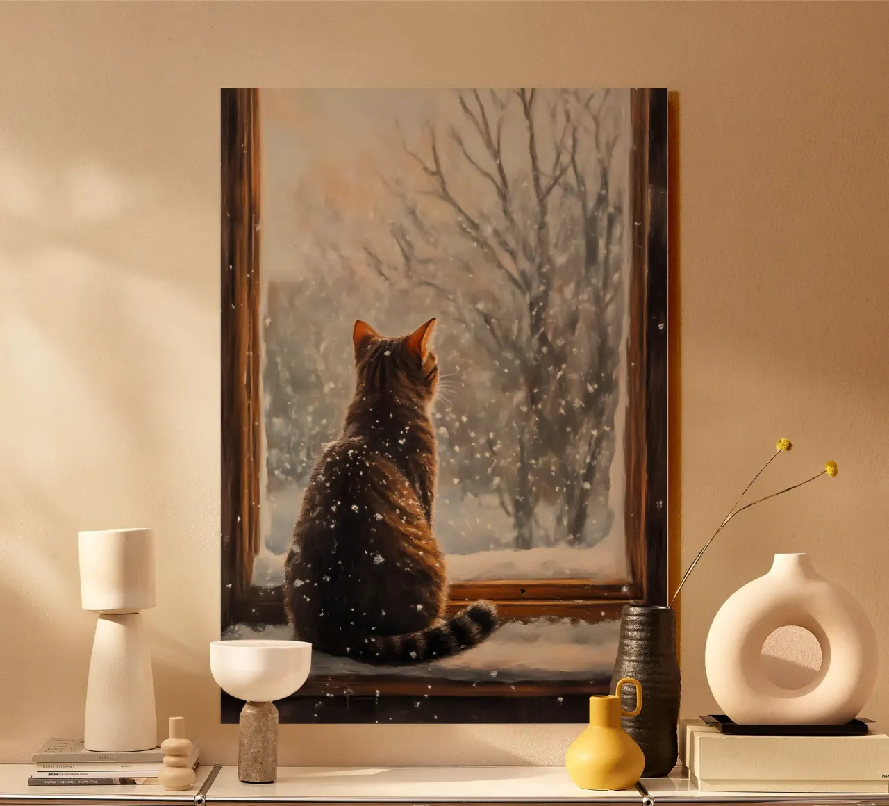 Cozy Cat Window Snowfall Art Print - Winter Aesthetic forex plate by ClubArt